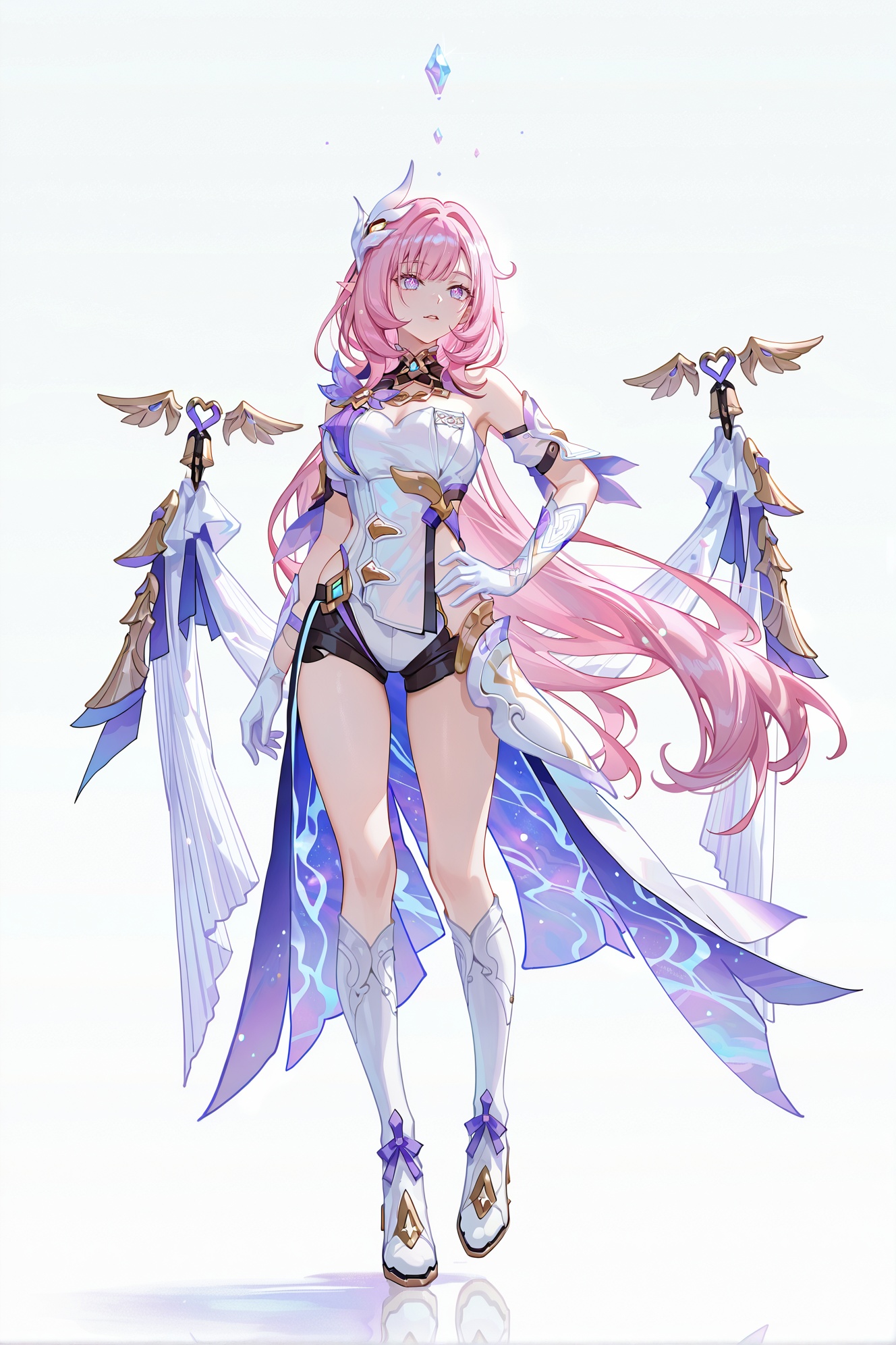 8k,best quality,masterpiece,(ultra-detailed),(high detailed skin),((artist:reoen),(artist:fuzichoco),(artist:atdan),(artist:torino_aqua),year 2024:0.8)1girl,[artist:wlop],[artist:ningen_mame],artist:ciloranko,[[artist:rhasta]],artist:tidsean,colorful,full body,full shot,standing,(solo:1.2),simple background,(white background:1.2),hand on own hip,(white background:1.1),<lora:Elysia-ill-Tanger:0.8>,elysia \(honkai impact\),Elysiaren,clothes: Elysiaren white-and-purple dress,shorts,double Elysiaren floating bells,1girl,pink hair,long hair,white gloves,bangs,Elysiaren boots,bare shoulders,white footwear,Elysiaren hair ornament,diamond-shaped pupils,floating ribbon,