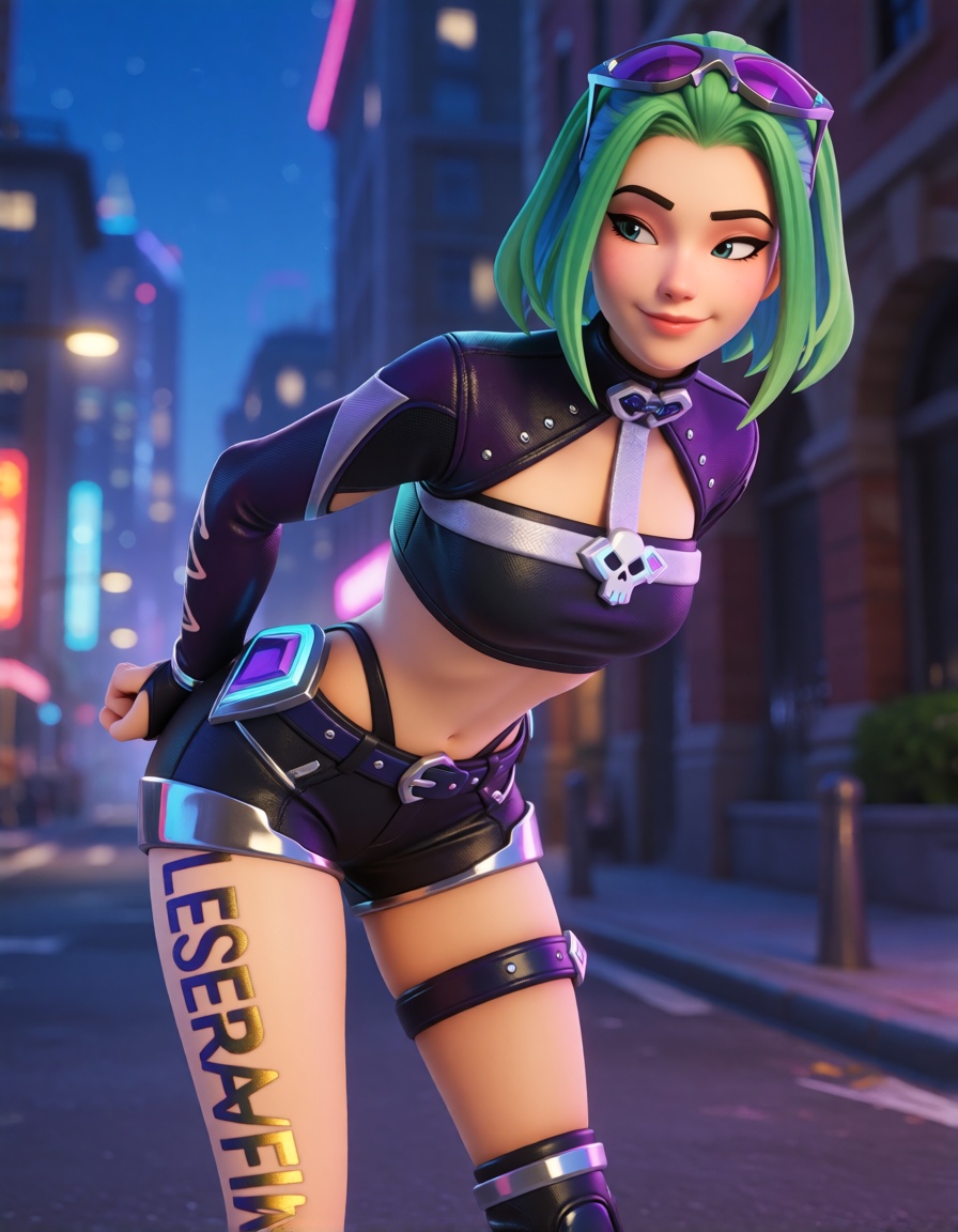 This is a digital CGI artwork of a young woman with a futuristic,  punk-inspired style. She has a light skin tone and a sl...