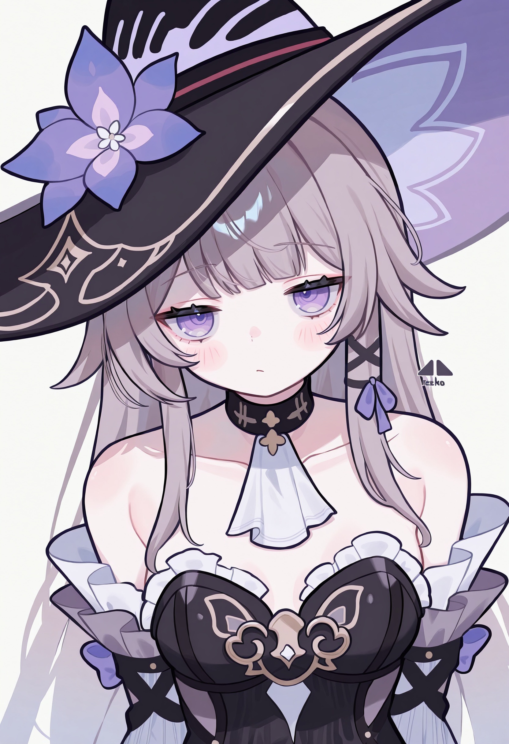 the_herta_\(honkai:_star_rail\),(masterpiece:1.2),best quality,good quality,newest,year 2024,year 2023,very aesthetic,absurdres,1girl,black_dress,bare_shoulders,black_hat,choker,detached_sleeves,dress,grey_hair,hat,herta_\(honkai:_star_rail\),long_hair,looking_at_viewer,official_alternate_costume,ascot,solo,black_choker,artist:selvha,the_herta_\(honkai:_star_rail\),upper_body,very_long_hair,strapless,witch_hat,strapless_dress,white_ascot,