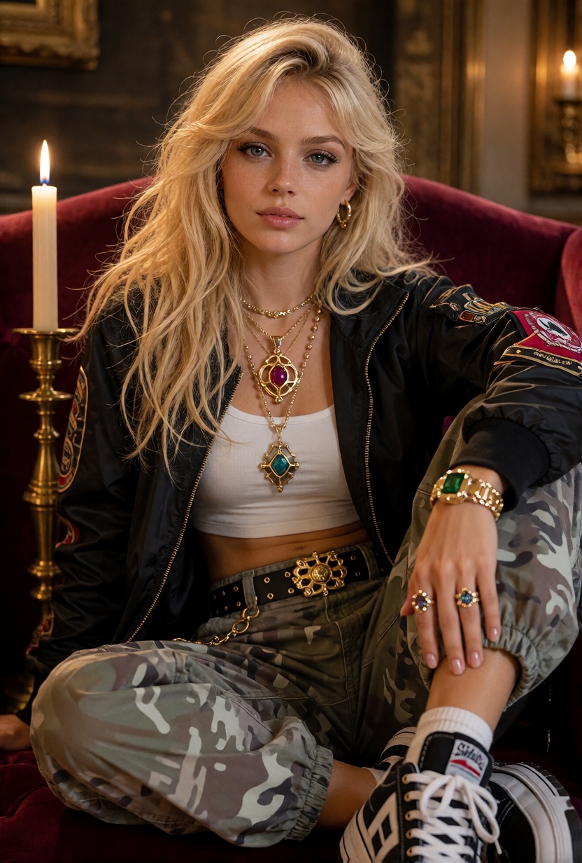 JillX,  long voluminous blonde hair styled in tousled loose waves with a soft side part. A candlelit chapel,  reframed as...