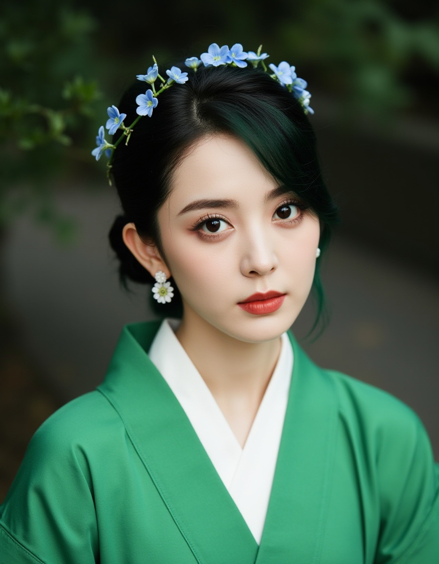 Captured at eye-level,a close-up shot of a young Asian woman,dressed in a green kimono,adorned with a white necklace and earrings. Her hair is styled in a low bun,and she's wearing a headband adorned with blue flowers. The background is blurred,creating a stark contrast to the woman's outfit. The woman's hair is dark,adding a touch of greenery to the scene.,