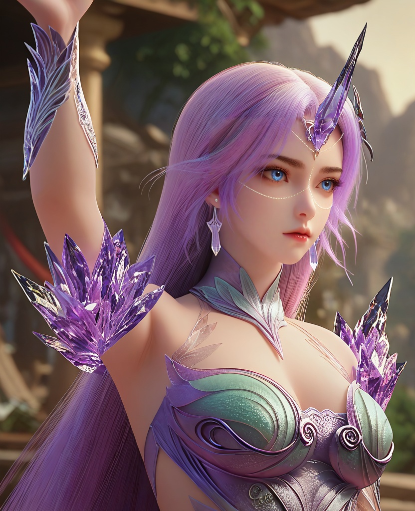 (oriental architecture, elegant decor, sophisticated style:1.1),Posing with arms overhead, palms facing upwards,,(breasts:1.2),<lora:XL16完美世界月柳:0.95>,miss yueliu,solo,boobplate,purple skirt,blue eyes,forehead crystal horns,face chain,unicorn hair,very long hair,earrings,crystal pauldrons,crystal faulds,fart curtain,crystal vambraces,ashi kazari,, zPDXL2, score_9, score_8_up, score_7_up BREAK realistic, masterpiece,best quality, highly detailed,, zPDXL3, zPDXL2,zPDXL, zPDXLxxx, zPDXLrl,