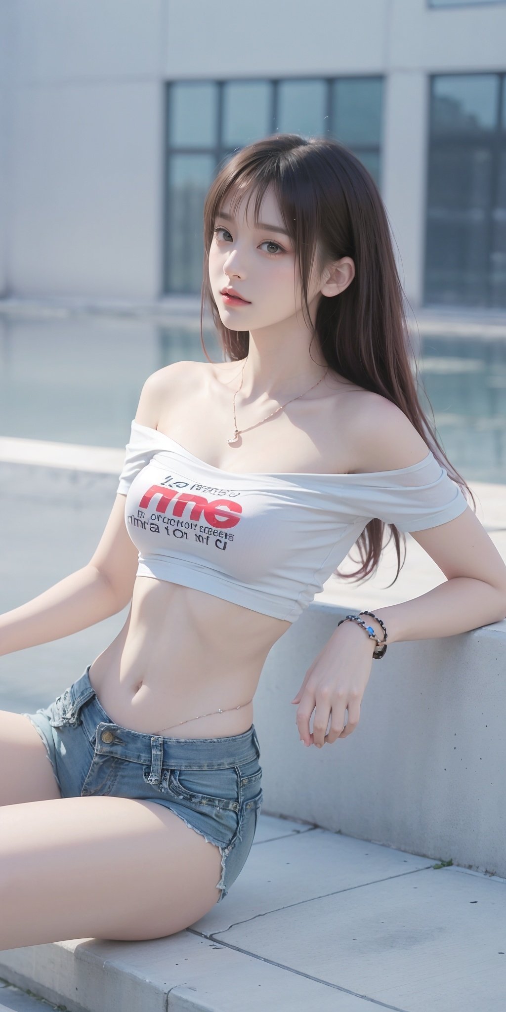 <lora:LM_20240203211837-000005:0.75>,LM,1girl,solo,shorts,shirt,navel,midriff,long hair,outdoors,looking at viewer,white footwear,brown eyes,brown hair,short shorts,white shirt,black hair,high heels,t-shirt,blurry,day,realistic,denim,jewelry,bracelet,off shoulder,off-shoulder shirt,bangs,denim shorts,cutoffs,<lora:MHB:0.2>,, (raw photo:1.2),((photorealistic:1.4))best quality,masterpiece,illustration,an extremely delicate and beautiful,extremely detailed,CG,unity,8k wallpaper,Amazing,finely detail,masterpiece,best quality,official art,extremely detailed CG unity 8k wallpaper,absurdres,incredibly absurdres,huge filesize,ultra-detailed,highres,extremely detailed,beautiful detailed girl,cinematic lighting,1girl,pale skin,tall female,(perfect body shape),skinny body,Slender legs,, pale skin,tall man,long legs,thin leg,
