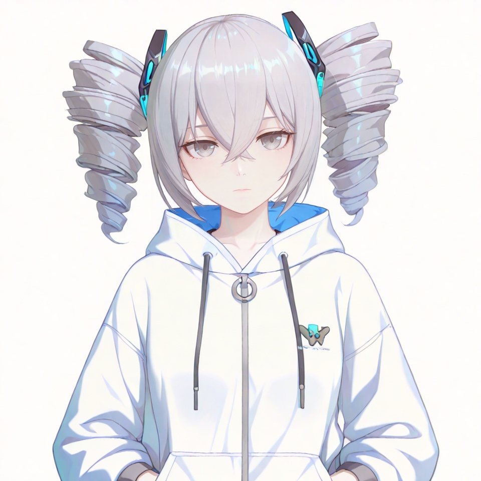 masterpiece, best quality,(white background:1.2),looking at viewer,SOLO,simple background  game_cg_style,bronya zaychik,ahoge,hair between eyes,bangs,twin drills,grey eyes,grey hair,long hair,drill hair,crossed bangs,silver hair,<lora:YAZI-ILL:0.8>