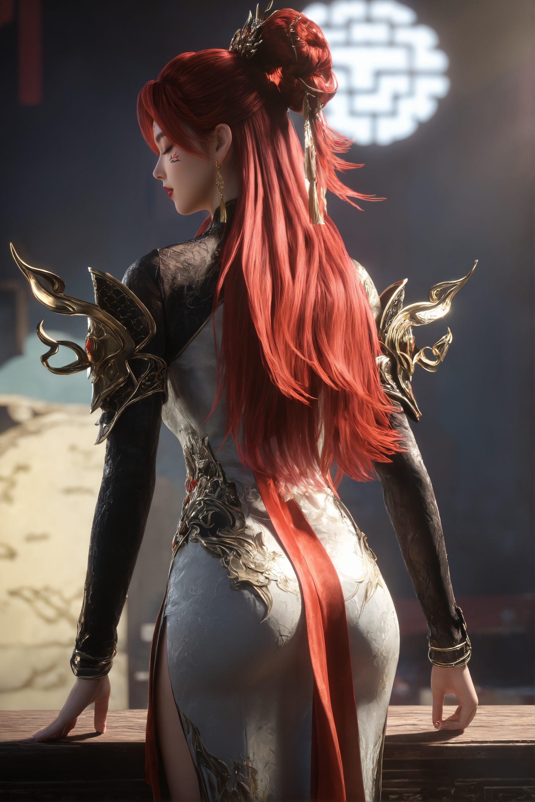 score_9,score_8_up,score_7_up,best quality,masterpiece,3d,ultra-detailed,high resolution,perfect lighting,flawless skin,sharp focus,Exquisite Craftsmanship,High-Resolution Beauty,Unparalleled Artistic Quality,extremely detailed CG unity 8k wallpaper,1girl,solo,<lora:炽阳华明:0.7>,chinese clothes,closed eyes,dress,earrings,facial mark,from behind,hair ornament,helmet,jewelry,long hair,red hair,red lips,