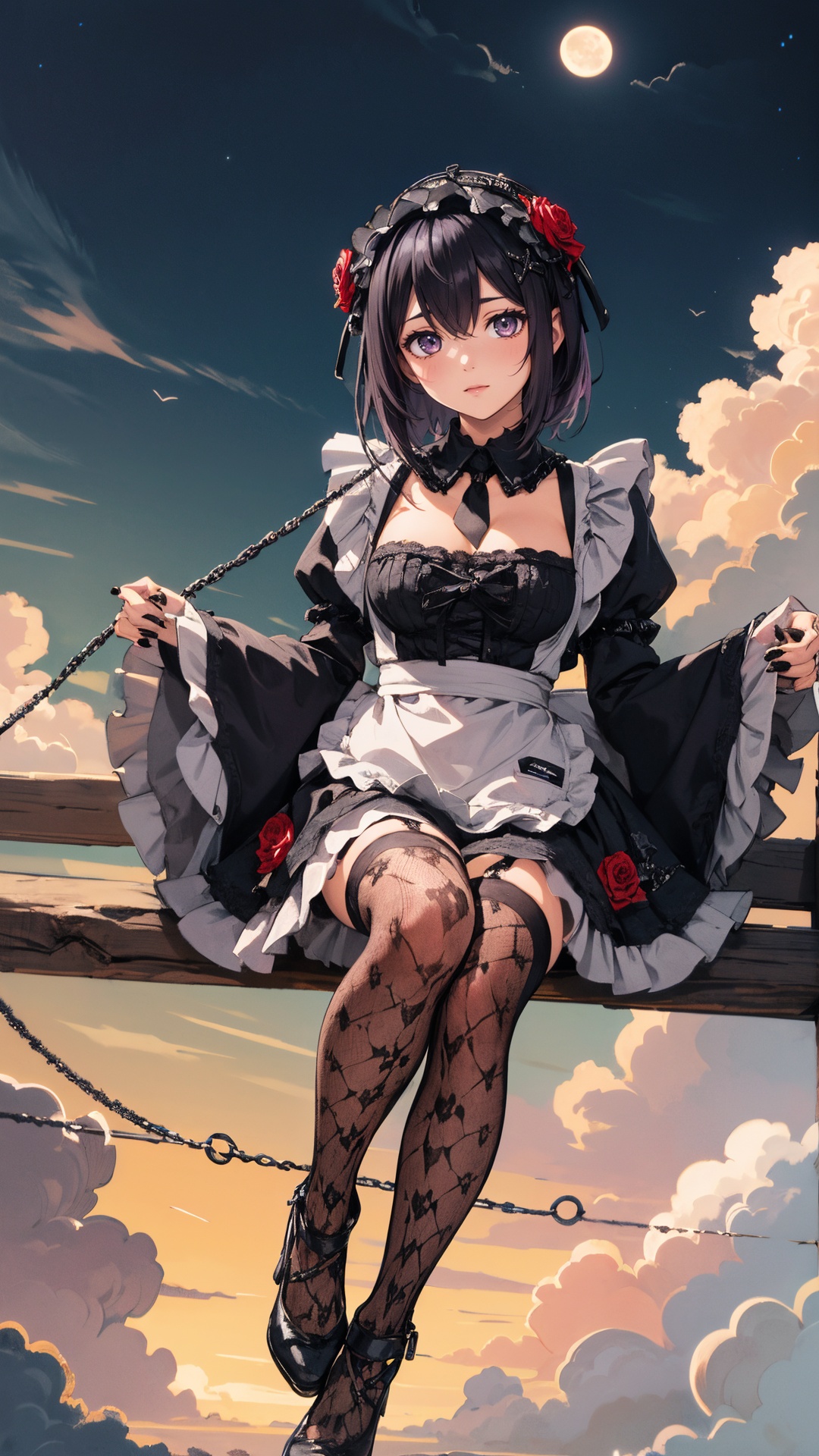 tutututu,1girl,solo,Kuroe Shizuku,lolita fashion,apron,pantyhose,gothic lolita,black dress,frills,hair flower,hair ornament,chain leash,black nails,wide sleeves,lace trim,long sleeves,rose,black footwear,black necktie,maid,fishnets,maid headdress,detached collar,red flower,thighhighs,hairband,chain,floral print,lolita hairband,garter straps,black thighhighs,lace,<lora:Kuroe Shizuku_Lolita-000007:0.45>,((best quality)),((masterpiece)),(detailed),alluring demon girl,glowing armor,ethereal beauty,perched on a cloud,(fantasy illustration:1.3),enchanting gaze,captivating pose,otherworldly charm,mystical sky,(Luis Royo:1.2),(Yoshitaka Amano:1.1),moonlit night,soft colors,(detailed cloudscape:1.3),(high-resolution:1.2),