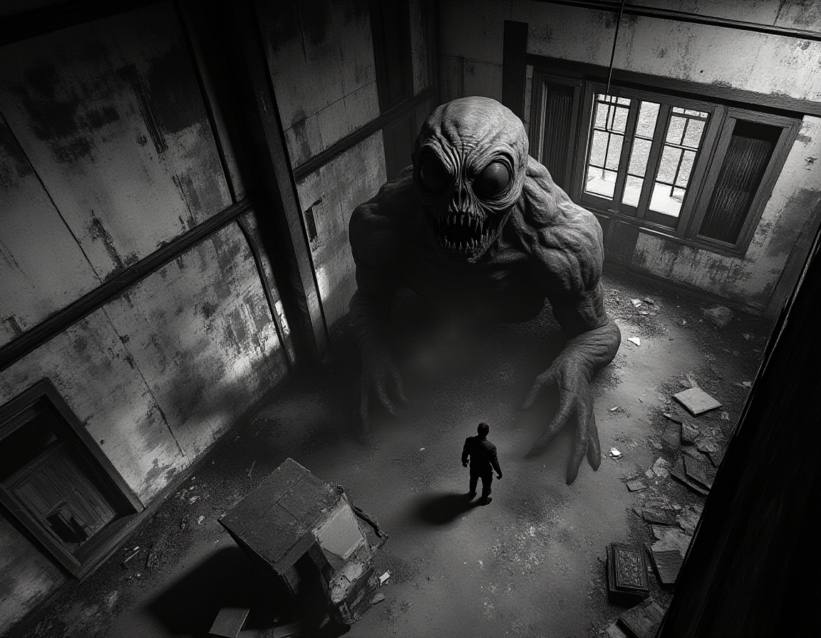 monochrome and low quality cctv footage of a horror monster,  sneaking around in an abandoned building on Tensor.Art
