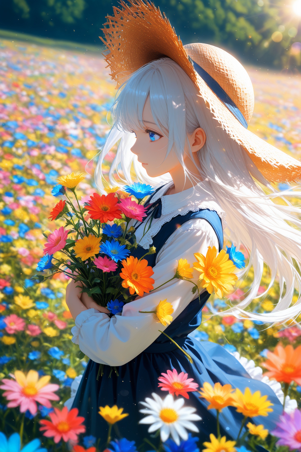 1girl,solo,white hair,long hair,blue eyes,white frilled dress,pinafore dress,straw hat,upper body,best quality,good quality,hugging flower,flower field,wind,particles,sunlight,blurry background,colorful,lens flare,perspective,from side,scenery,