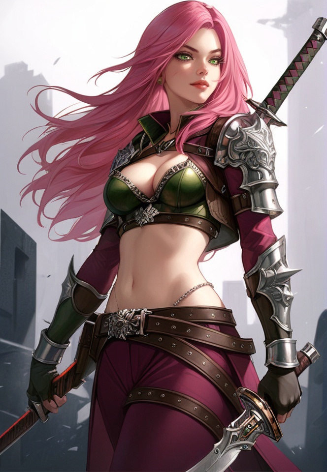 (best quality), ((masterpiece)), (highres), illustration, original, extremely detailed,1girl, weapon, long hair, solo, scar, green eyes, sword, pink hair, midriff, breasts, dual wielding, belt, knife, gloves, looking at viewer, cleavage, medium breasts, holding, nail polish, armor, fingerless gloves
