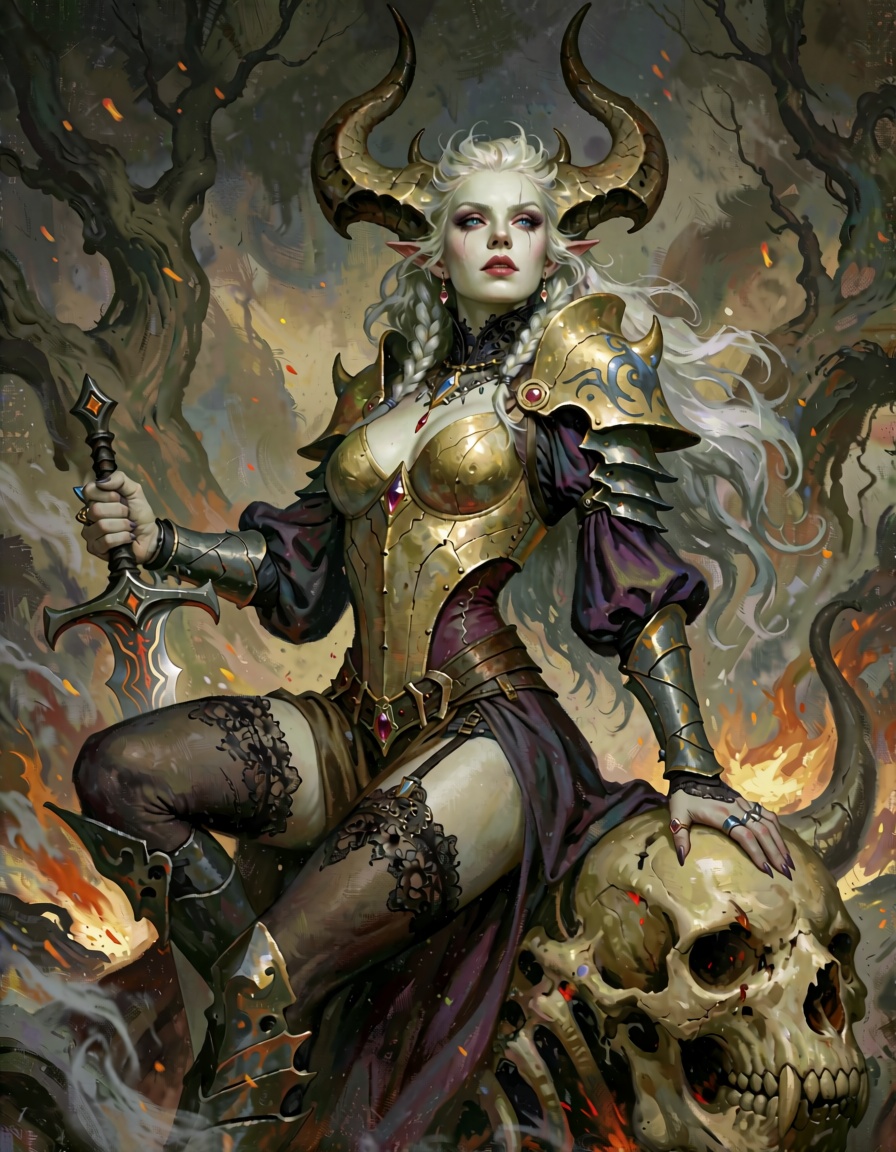 In a realm bathed in the amber glow of dying embers and shadowy trees that twist like skeletal fingers against a bruised t...