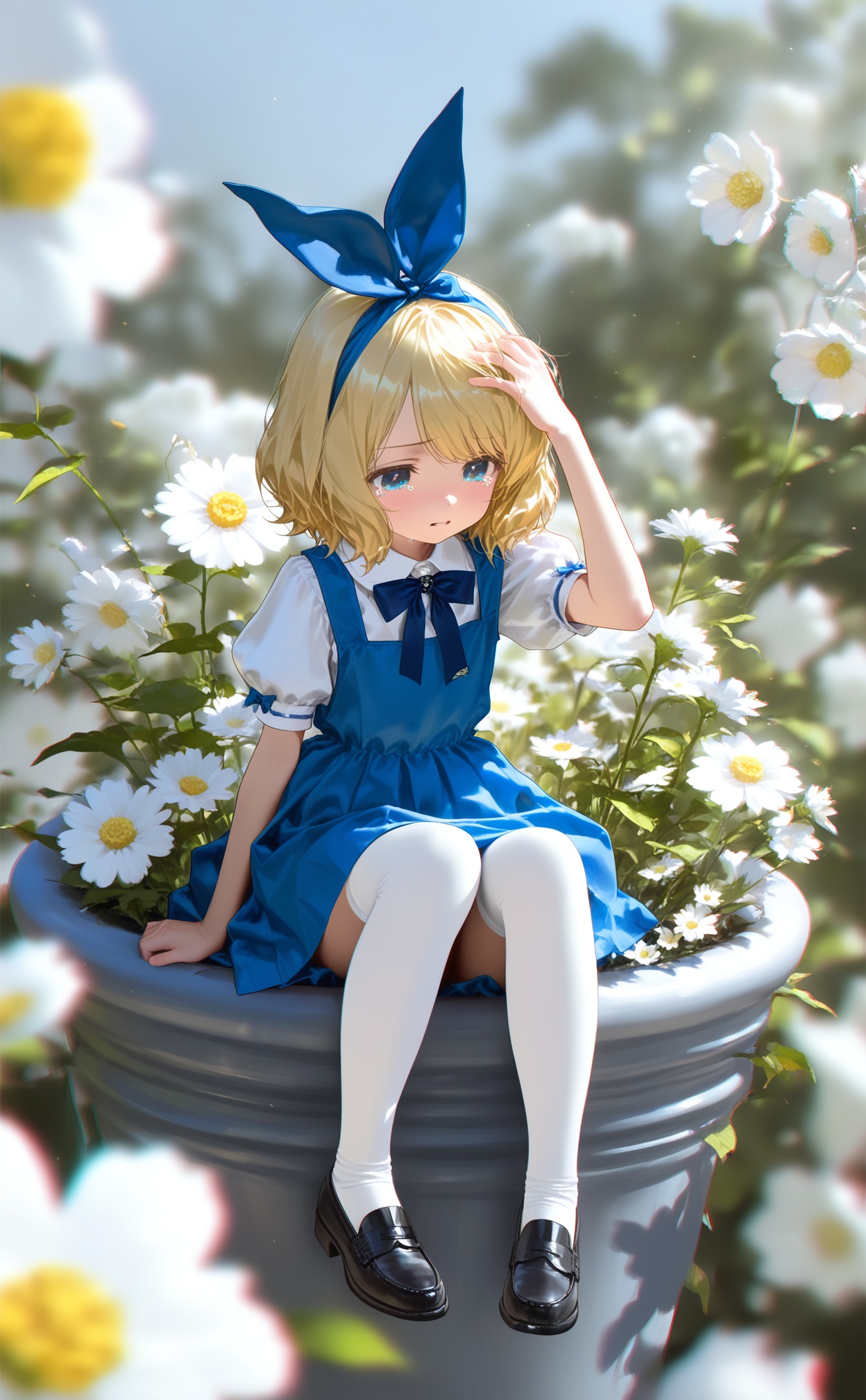 masterpiece,best quality,high quality,loli,chromatic_aberration,Light Blue Theme,//,alice \(alice in wonderland\), short sleeves, blue eyes, 1girl, thighhighs, shoes, sitting, dress, black footwear, shirt, bow, hairband, white thighhighs, puffy sleeves, white shirt, puffy short sleeves, skirt, flower, blonde hair, blue bow, knees up, tears, solo, bowtie, blue dress, short hair, white flower, mini person, bow hairband, pleated skirt, socks, loafers, sleeveless, collared shirt, ribbon, blue hairband, minigirl, parted lips, hand on own head, sleeveless dress, outdoors,//,year_2023,year_2024,//,official art,depth of field,detailed light,blurry background,cinematic lighting,ray tracing,amazing quality,very aesthetic,absurdres,beast quality,ultra detailed,