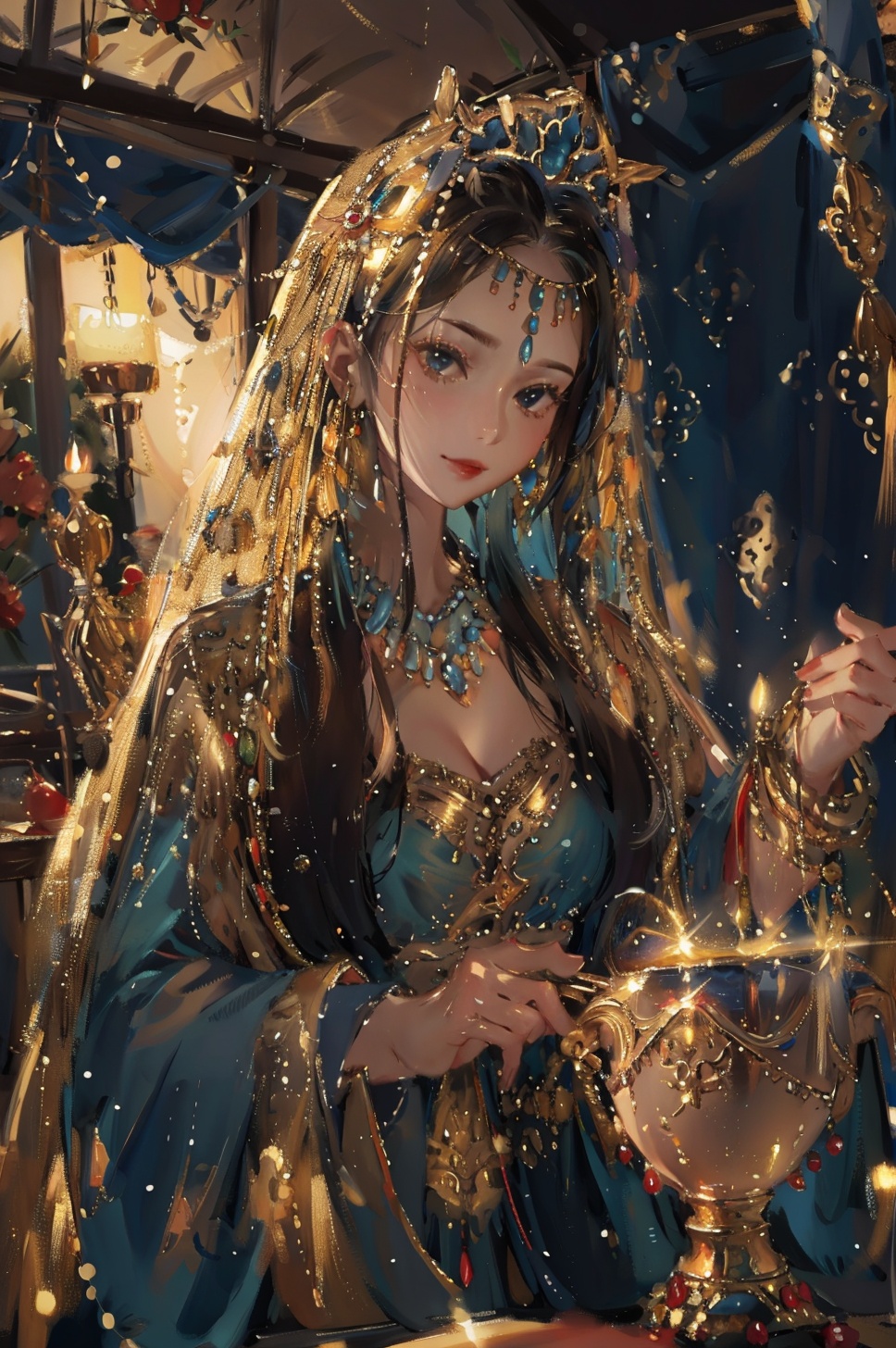 masterpiece,best quality,<lora:XYGZ_3-000002:0.7>,Regal princess in a richly decorated tent, bejeweled headdress, and holding a golden goblet