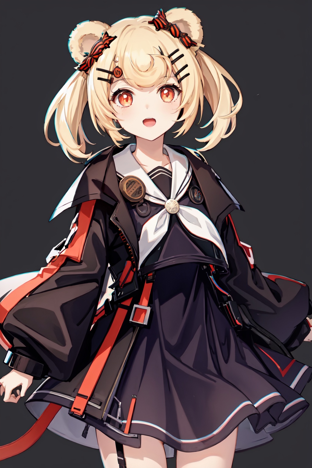 gummy_(arknights),1girl,candy_hair_ornament,open_mouth,hairclip,solo,sailor_dress,looking_at_viewer,long_sleeves<lora:gummy_(arknights):1>,simple background,white backgroundmasterpiece,best quality, highly detailed, 