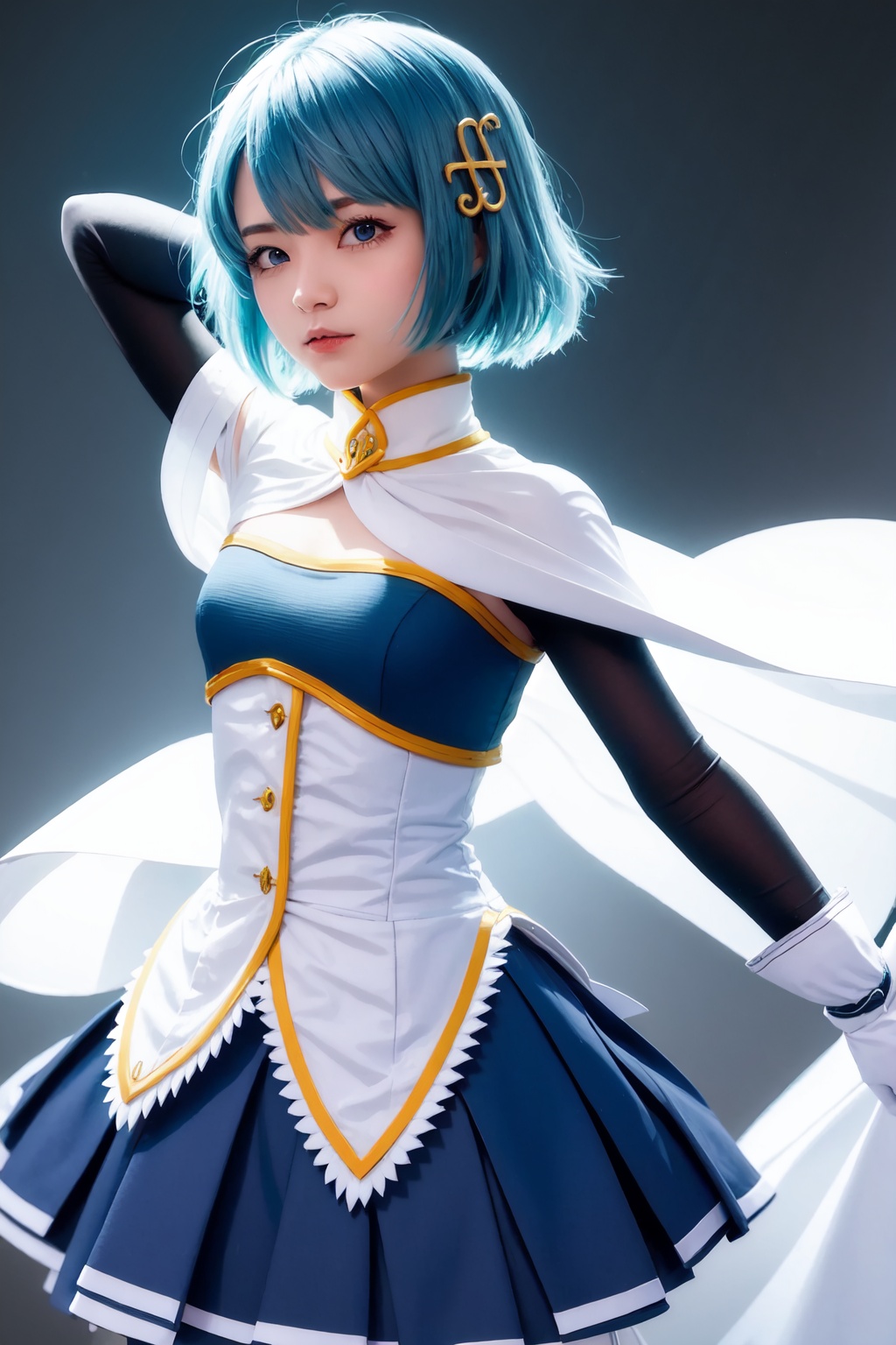 masterpiece,best quality, highly detailed, miki_sayaka,1girl,solo,magical_girl,white_cape,white_gloves,looking_at_viewer,musical_note_hair_ornament,fortissimo,hairclip<lora:miki_sayaka:1>,simple background,white background