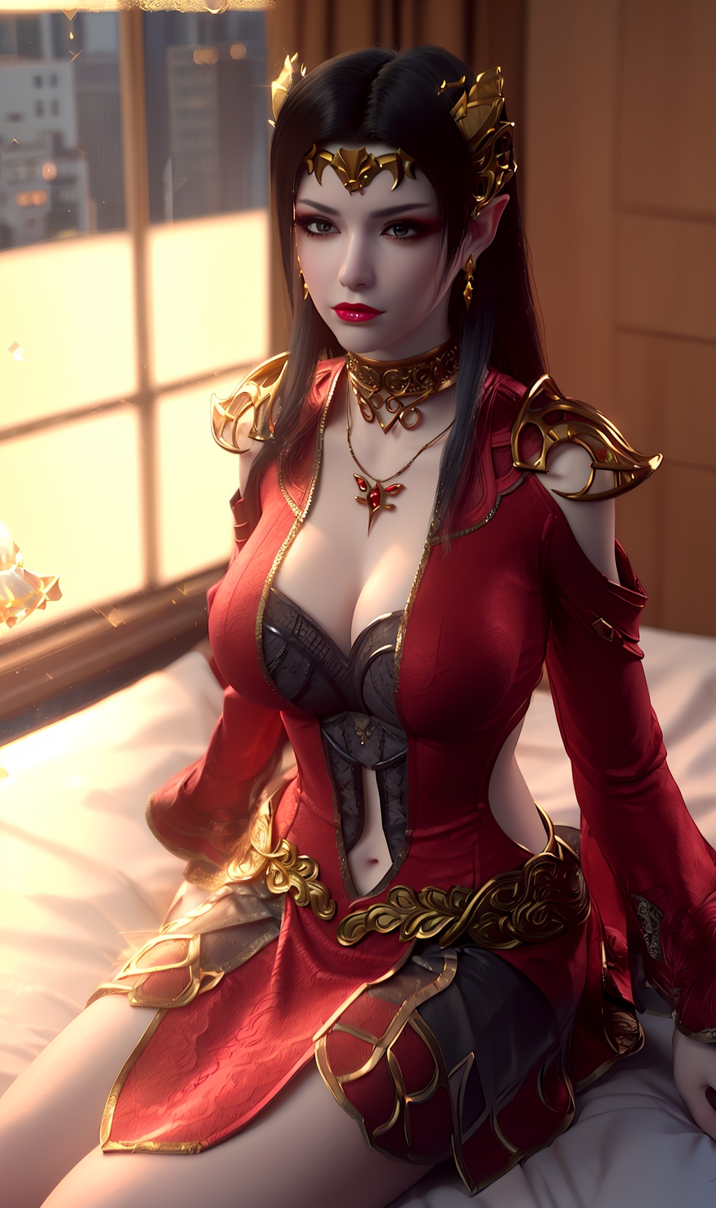 3D,masterpiece,(best quality),(makeup),official art, extremely detailed cg 8k wallpaper,((crystalstexture skin)), (extremely delicate and beautiful),(highly detailed),(face),headpiece,(collar),(tiara),(gold_trim),(shoulder_armor),(long_sleeves),(1girl), (solo), (jewelry), (earrings),(black_hair),(long_hair),(hair_ornament),(handwear),(breasts),(sitting),((upper_body)),(dress),(short_skirt),(multicolored_clothes),(multicolored_dress),(shiny_clothes),(city,indoor,bed),(long_legs,thighs),(sash),(navel),,((looking_at_viewer)),((Facing the camera)),, <lora:hipoly3DModelLora_v10:0.3>