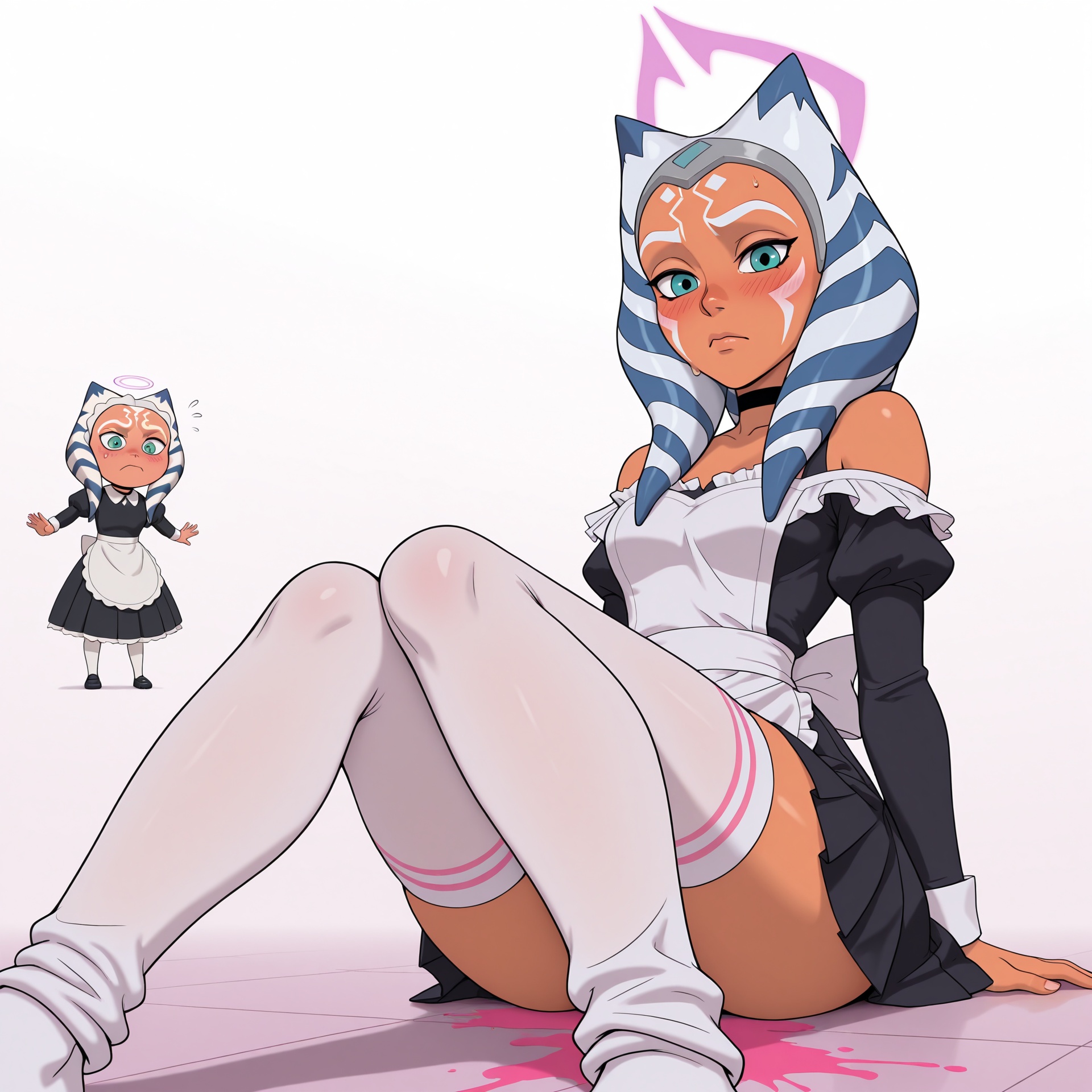 Ahsoka Tano as seductive futuristic maid: orange Togruta skin,  white facial markings,  white-striped montrals and lekku l...