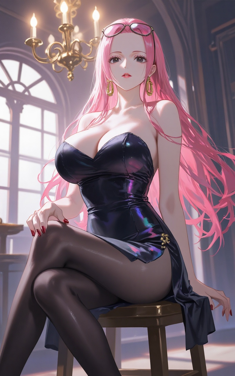 Hina\(one piece\),baoshi,lvjing,Hina\(one piece\),pink hair,black eyes,eyewear on head,long hair,sharp eyes,fair_skin,1girl,breasts,solo,dress,pantyhose,indoors,sitting,jewelry,looking at viewer,earrings,strapless,black dress,cleavage,bare shoulders,red nails,strapless dress,bangs,chandelier,window,covered navel,black pantyhose,nail polish,stool,bare arms,medium breasts,red lips,alternate costume,feet out of frame,large breasts,parted lips,side slit,makeup,simple background,gradient_background,Close-up details,outstanding style,adding a touch of dimension to your images without compromising details,absurdres,colorful,