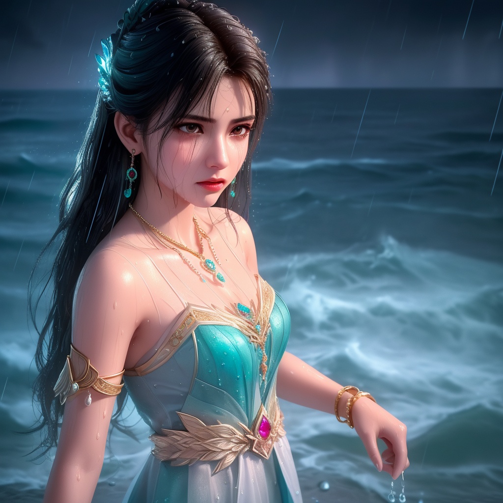 <lora:神墓-梦可儿:0.8>  (,1girl, ,best quality, ),looking at viewer, ,ultra detailed 8k cg, ultra detailed background, ultra realistic 8k cg,  ,masterpiece((((1girl, solo,  , ,solo focus, wet,sweat, ocean,rain, water drop, )))) (, , sweatdrop, flying sweatdrops, sweating profusely,colorful drop \(module\), )   clean, masterpiece,     cinematic lighting, cinematic bloom,   , unreal, science fiction, luxury, jewelry, diamond, gold, pearl, gem, sapphire, ruby, emerald, intricate detail, delicate pattern, charming, alluring, seductive, erotic, enchanting, hair ornament, necklace, earrings, bracelet, armlet,halo,