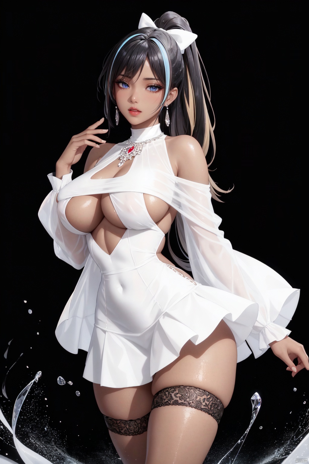 Realistic style, cinematic work, 8K wallpaper, masterpiece, very realistic quality, best quality, masterpiece, high-level, high-resolution,,,Edge lighting, dual tone lighting, soft lighting, The illuminated surface of the material has bright spots and highlights, which flicker and have a mirror effect when reflected, There are sparkling spots on the armor,,,1 girl, mature female, solo, full body, looking at viewer, lace, strong rim light, Standard proportion of female body, golden proportion of female body,,,Standing, standing posture, Sexy full body standing posture,,,,(nupyisi, 1girl, long hair, dark skin, blue eyes, ponytail, black hair, blonde hair, bangs, multicolored hair, shiny skin, hair bow, hair ribbon, two-tone hair, very long hair, dark-skinned female, high ponytail, hair between eyes, breasts, large breasts, socks, thighs, parted lips, long sleeves, kneehighs, dress, short dress, white footwear, shiny, flower, black socks, bow, clothing cutout, white dress, see-through, ribbon, covered navel, cleavage, covered nipples, underboob, sidelocks, smile,breasts, large breasts, socks, thighs, parted lips, long sleeves, kneehighs, dress, short dress, white footwear, shiny, flower, black socks, bow, clothing cutout, white dress, see-through, ribbon, covered navel, cleavage, covered nipples, underboob, sidelocks, cowboy lens,:1.2),,bare shoulders, off shoulder, black hairband, bikini bottom only, short dress, swimsuit, pleated dress, bikini, floating hair, blush, ass visible through thighs, skirt,White high-heeled shoes,:1.2),,,colorful,(detailed skin: 1.3), (detailed face: 1.3),clear focus,delicate,(mature women: 1.2),(glossy skin+glossy skin: 1.4),(sweating: 1.1),(big_eyes),red_ eyeshadow,long_ Eyelashes, red lips,,,simple background, grey background,,,(Diamond hair accessories, diamond necklaces, diamond earrings, diamond earrings, clothes embedded with diamonds, armor embedded with diamonds,:1.3),, nupyisi<lora:EMS-328443-EMS:0.220000>