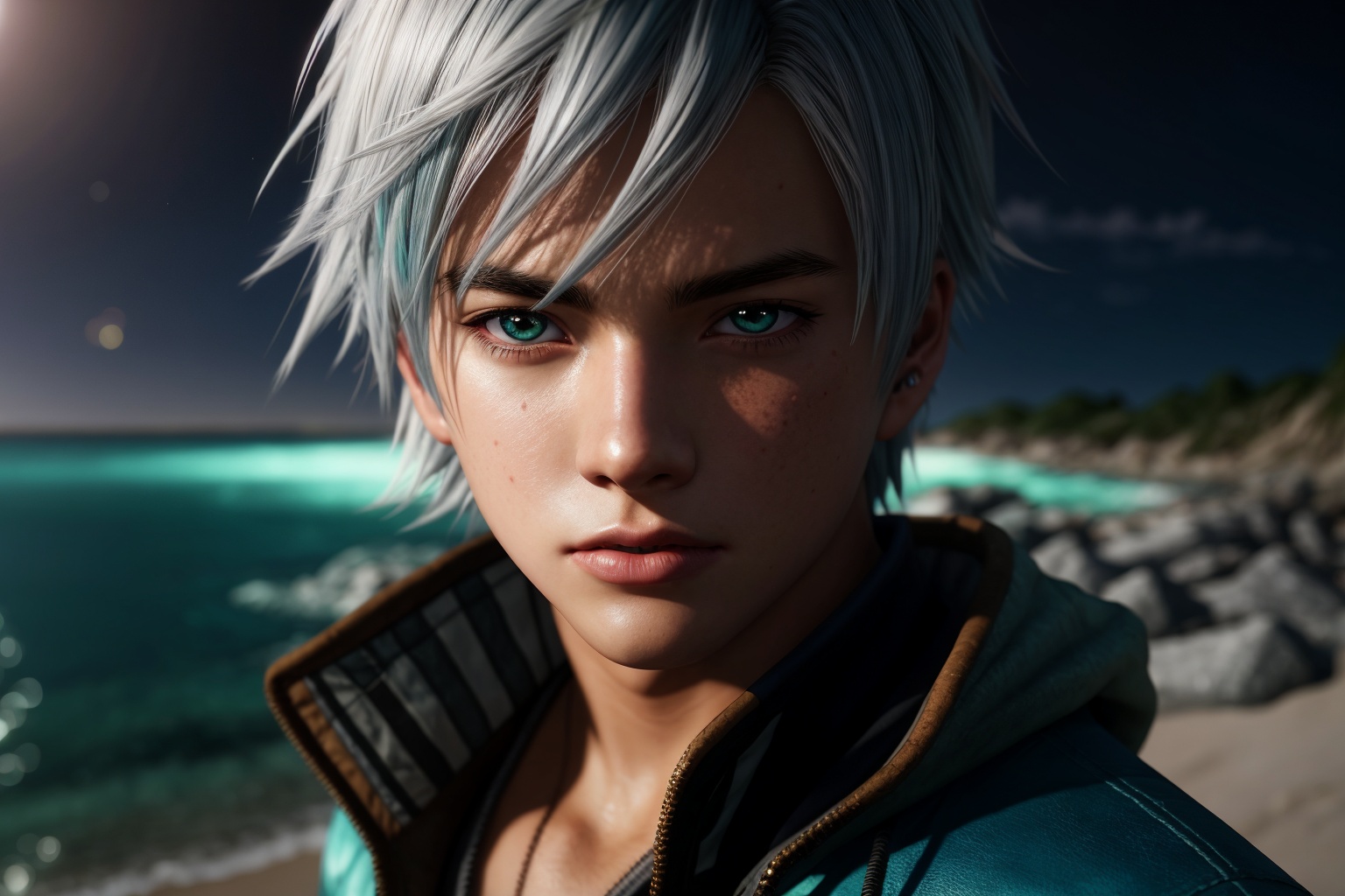 cinematic still anime artwork Close-up photorealistic highly detailed 8k raw anime artwork,  A male in a Bioluminescent Be...