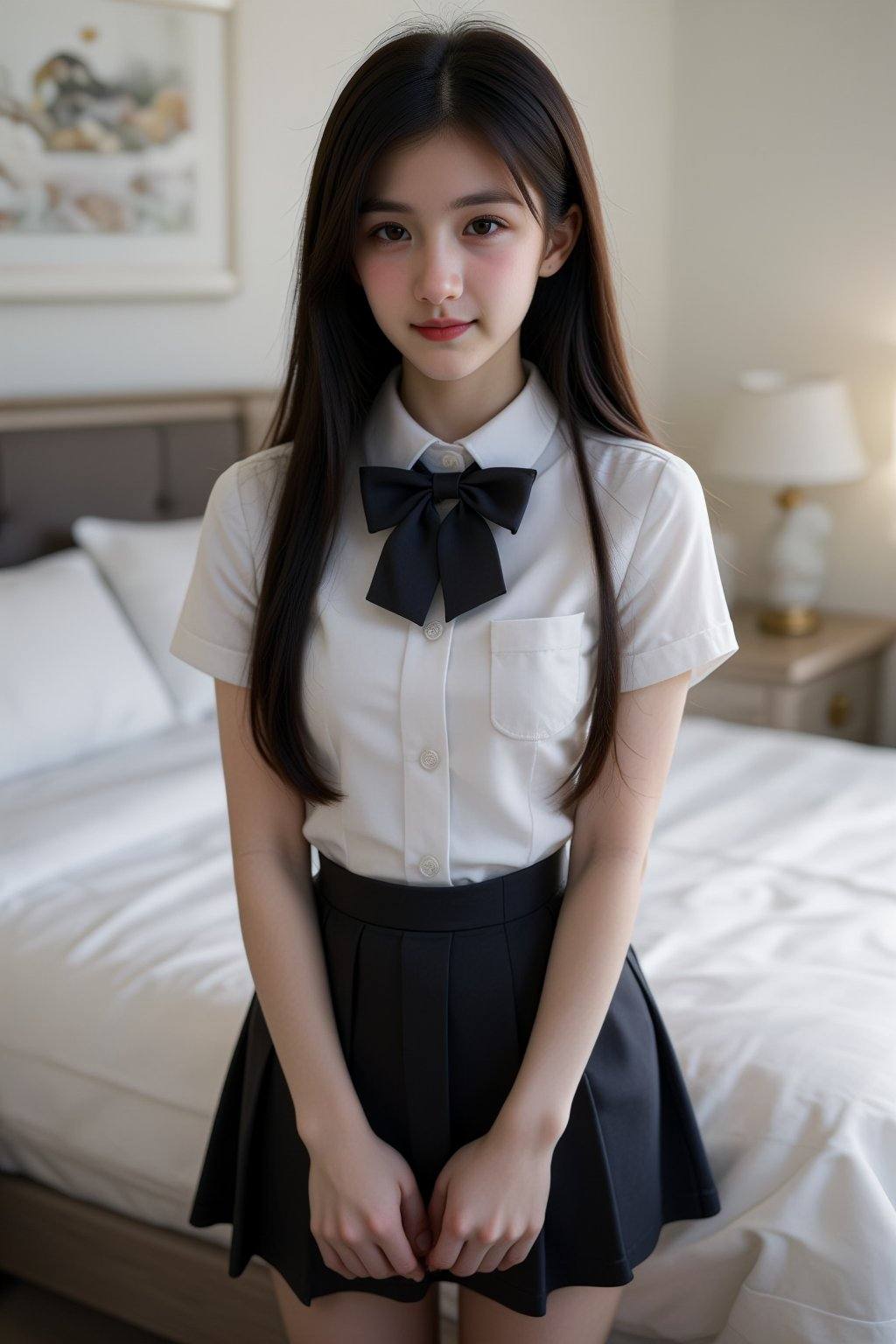 female teenager with long straight black hair standing indoors near a bed wearing a white short-sleeved blouse with a blac...