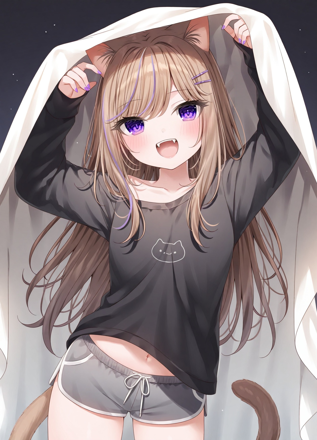 mafuyu \(chibi21\), 1girl, animal ears, solo, tail, hairclip, short shorts, purple eyes, shorts, cat tail, brown hair, purple hair, streaked hair, navel, hair ornament, smile, long hair, cat girl, cat ears, long sleeves, shirt, multicolored hair, :d, animal ear fluff, looking at viewer, nail polish, fangs, purple nails, grey shirt, breasts, open mouth, blush, grey shorts, very long hair, dolphin shorts, sleeves past wrists, drawstring, small breasts, hands up, arms up, collarbone, midriff peek, under covers, off shouldermasterpiece,best quality,newest,highres,absurdres,newest,<lora:mafuyu-nbai-vpred:0.8>,