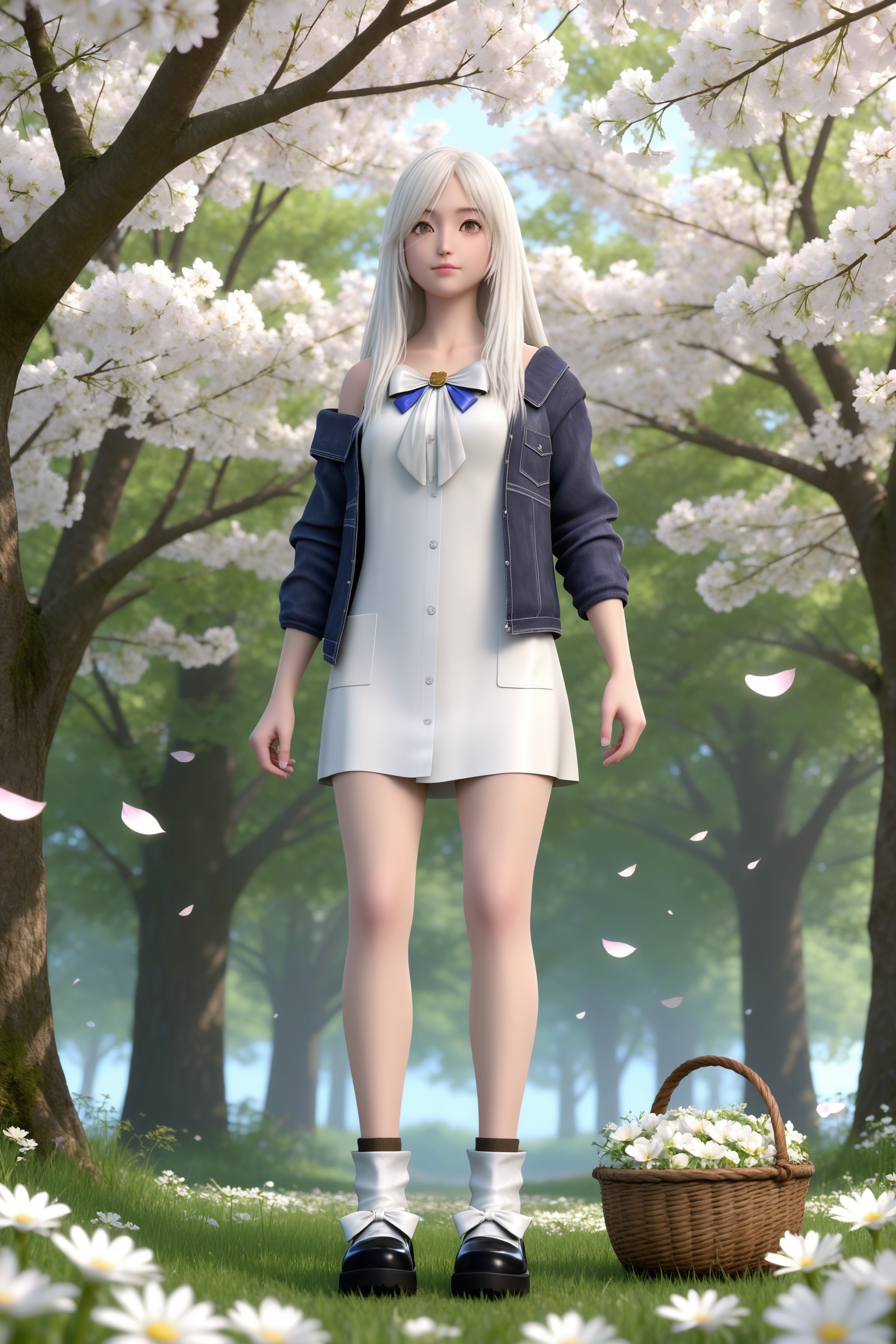 <lora:从红月开始-妹妹Pony:0.7>,1girl,long hair,white hair,white dress,denim jacket,bow,off shoulder,open jacket,socks,black footwear,huge filesize,wallpaper,incredibly absurdres,absurdres,highres,masterpiece,best quality,1 girl,very beautiful,wears hanfu white with purple,standing under the peach trees,which have blossomed.she holds a basket with some white flowers in it,looking at the viewers.Under the peach trees is the green grass,round face,fair_skin,medium breasts,