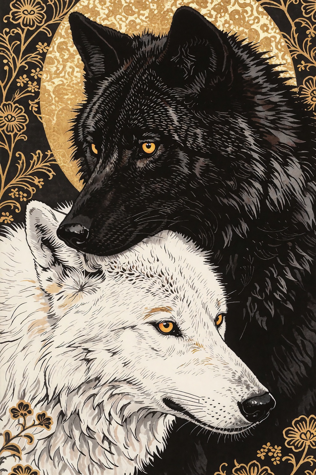 woodblock print of a black wolf and a white wolf in the style of Japanese art,  ink on paper,  golden accents in the backg...
