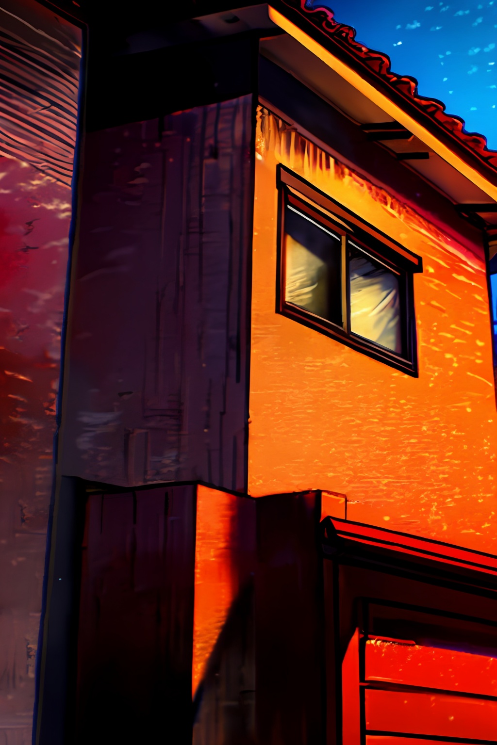 anzhiju_style, a fire hydrant is in front of a house with a red fire hydrant in front of it, outdoors, tree, no humans, window, scenery, door, house, indoors, curtains