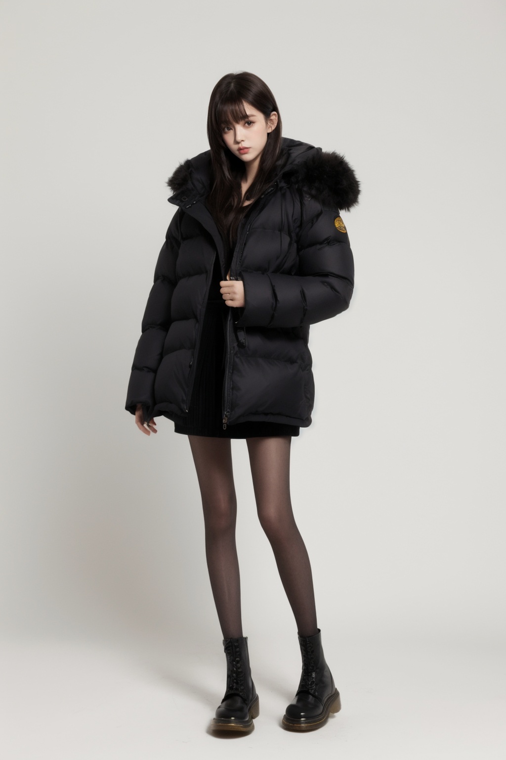 1girl, black hair, long hair, full body,bangsskirt,Black pantyhose,Down jacket,simple background, frontlight, side light,doc_martens,