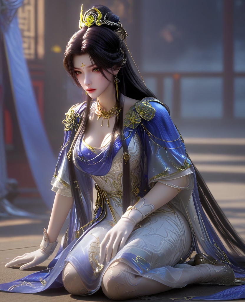 (sitting with elbows on knees:1.1),(large breasts:1.2),<lora:XL16云深不知梦羲和城主服:0.95>,miss xihe,white dress,blue shawl,mole under left eye,forehead mark,black hair,absurdly long hair,traditional chinese updo with long front strands,hair ornament,jewelry,white gloves,blue sheer petticoat,, score_9,score_8_up,score_7_up,score_6_up,score_5_up,score_4_up,3d rendering,tag1,tag2, Cinematic Lighting,backlighting,