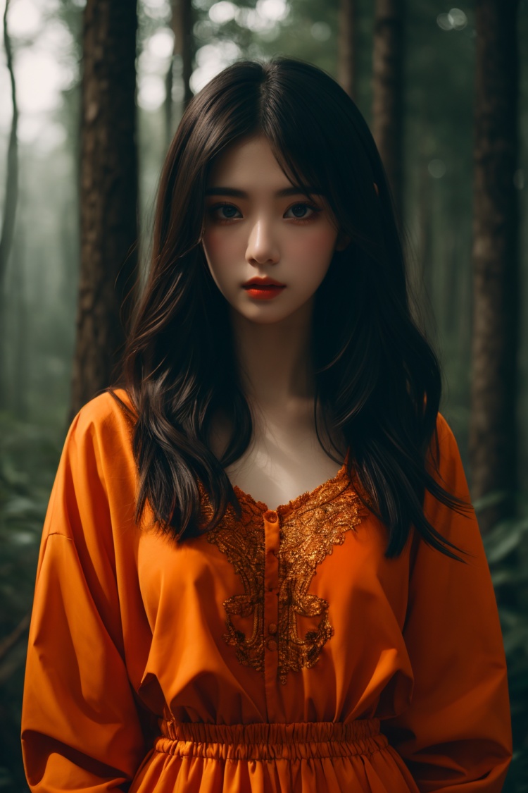 1girl,leica color,dark theme,a sense of solitude,intricate and detailed elements,dreamlike atmosphere,forest,the black stone,(orange clothes:1.3),