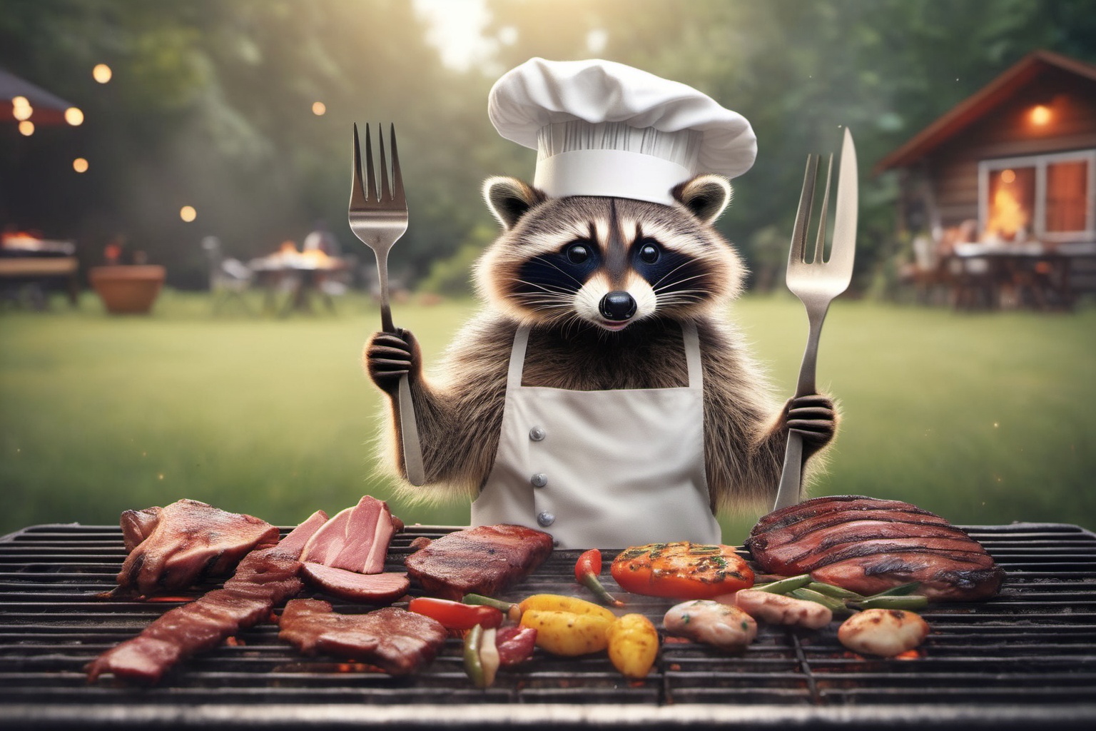 a hyper realistic image of a raccoon wearing a chefs hat,  holding a fork,  BBQ in the yard on Tensor.Art