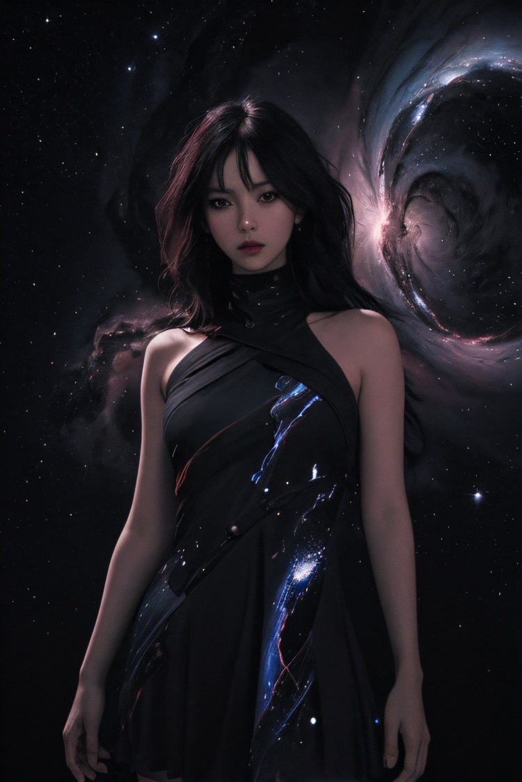 oia stunning,masterpiece, best quality, ultra high res, (abstract art:1.3), (dark theme:1.2), art, stylized, deep shadow, dark theme, 1girl, cosmic dress, cosmic beauty, in space, nebula