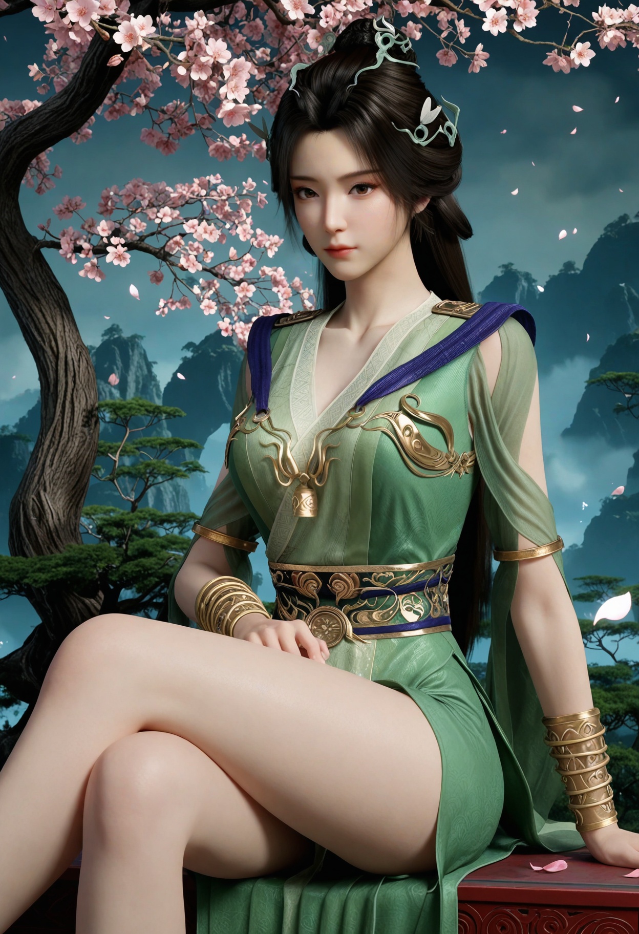 (looking at viewer:1.1),(moody lighting:1.1),peach blossom,falling petals,(large breasts:0.8),hanyunzhi,1girl,solo,black hair,long hair,hair ornament,green dress,realistic,dress,closed mouth,jewelry,bracelet,chinese clothes,sash,brown eyes,hair bun,sitting,(crossed legs:1.3) BREAK masterpiece,best quality,(intricate details:0.9),(realistic skin:1.2),<lora:QQSillhanyunzhiV1:0.8>,
