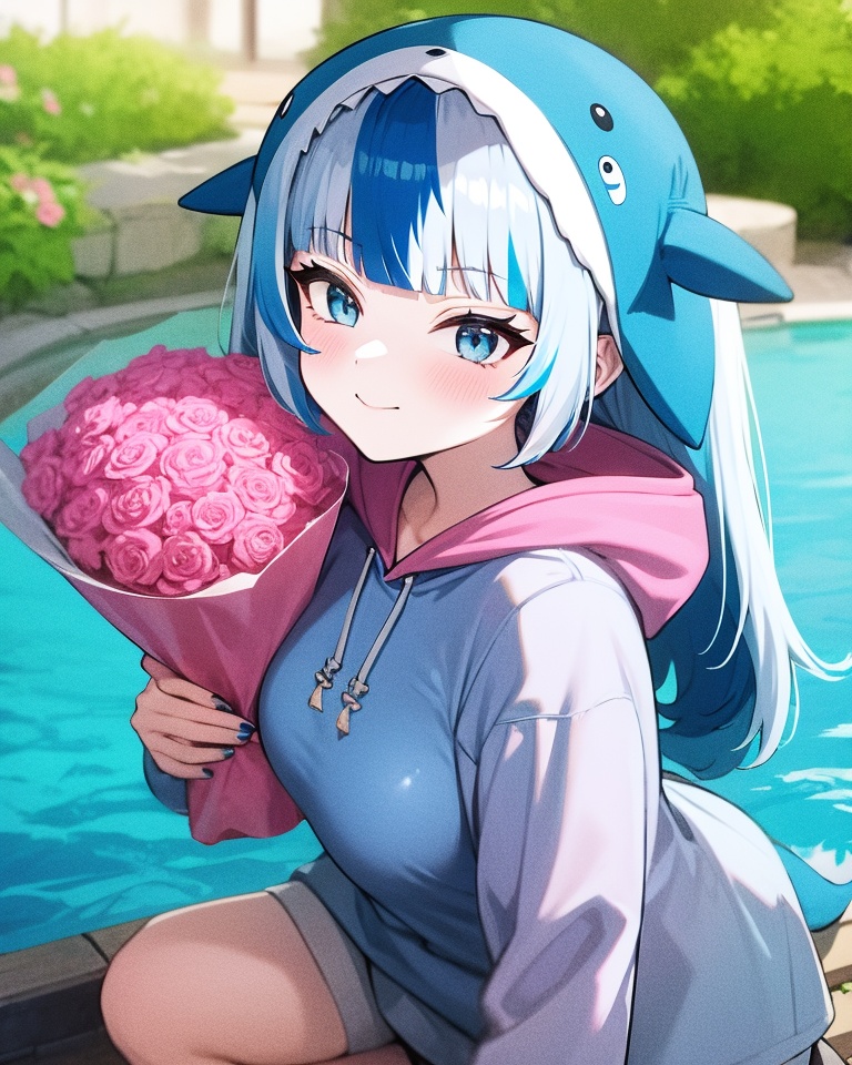 1girl, gawr gura, tail, virtual youtuber, fish tail, shark tail, fins, solo, bouquet, blue eyes, looking at viewer, multicolored hair, gawr gura \(1st costume\), blue hair, streaked hair, smile, hair ornament, hood, shark girl, sitting, shark hair ornament, pink flower, two side up, flower, long sleeves, grey hair, blunt bangs, blue nails, blue hoodie, hoodie, blush, pink rose, long hair, closed mouth, water, outdoors, breasts, nail polish, sleeves past wrists, holding bouquet, looking back