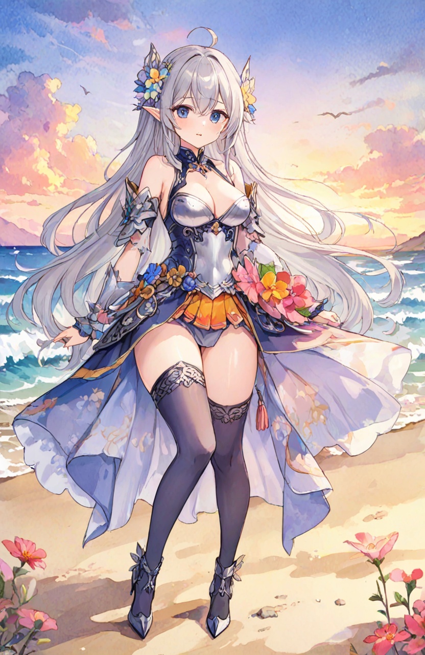Watercolor painting anime artwork medium_breasts,  pointy ears,  elf on Tensor.Art