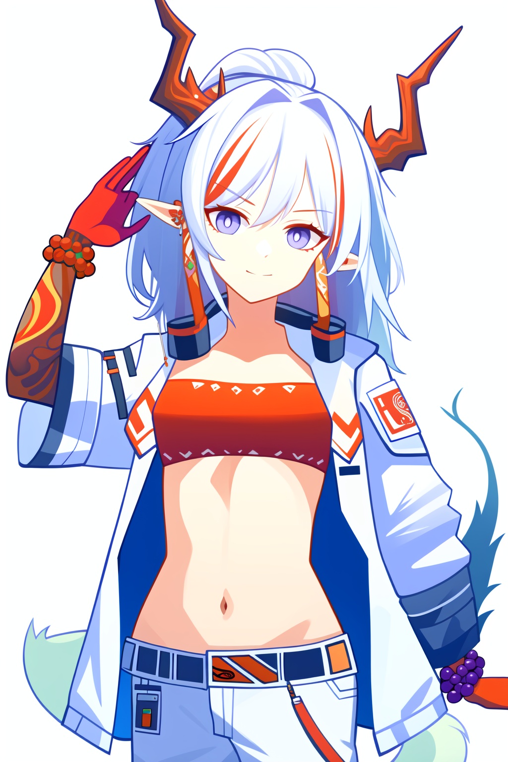 <lora:年-000010:1>,a girl named arknian,arknian,1girl,tube top,tail,strapless,jewelry,bandeau,open clothes,midriff,navel,red bandeau,bracelet,jacket,bead bracelet,crop top,stomach,, (masterpiece,best quality,high quality:1.4),absurdres,