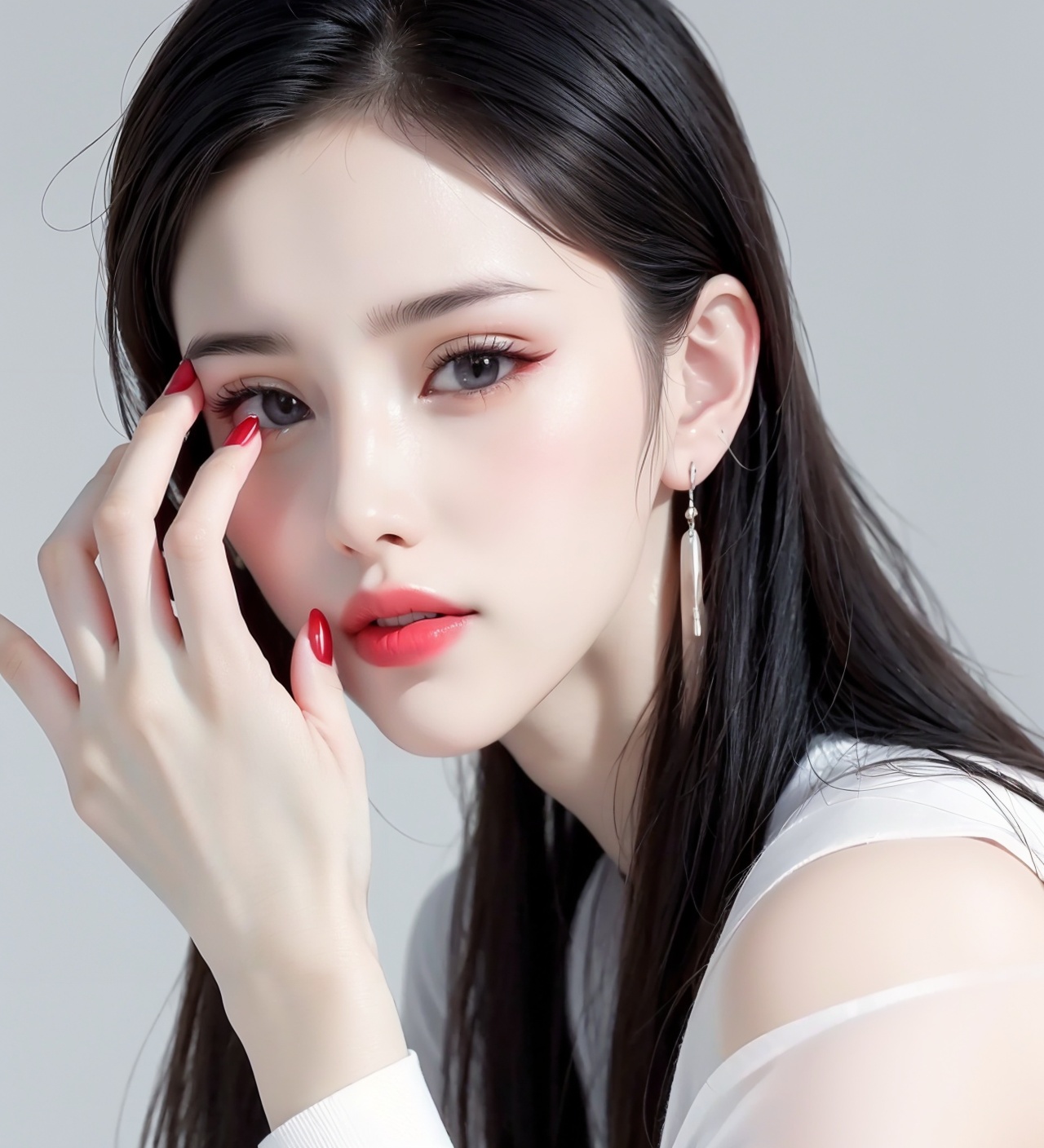 realistic,close-up,hands,<lora:手1.1:0.8>,hand close-up,fingernails,fingers,fingernails,pink nails,water red lips,five fingers,solo,drop earrings,