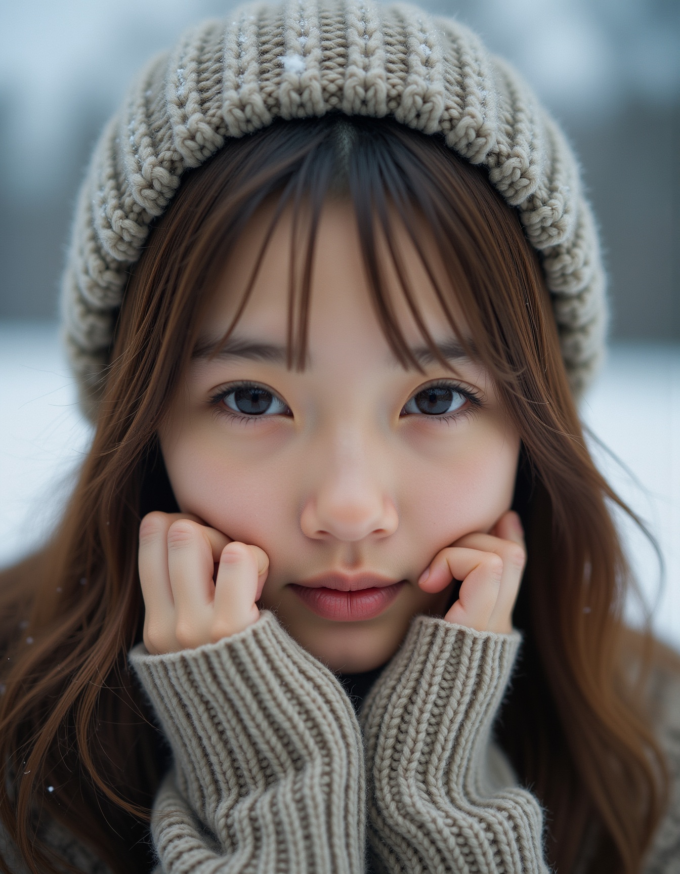 best quality,  masterpiece,  analogue photo of ***** girl in sweater and sweater hat on Tensor.Art