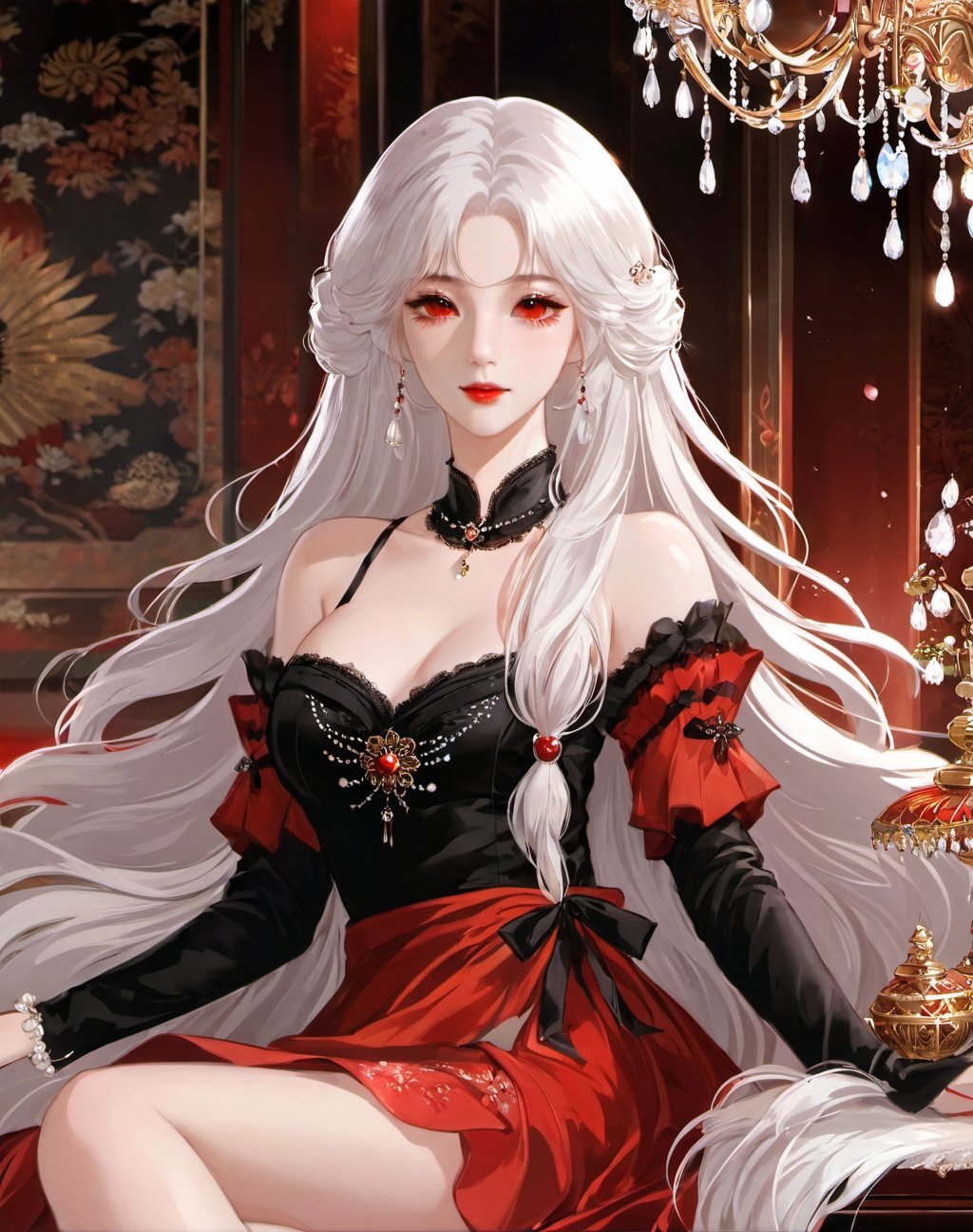 highly detailed,ultra-high resolutions,32K UHD,best quality,masterpiece,exquisite style,1girl,folding fan,red nails,sitting,A serene-looking female character with long white hair,red eyes,and a black dress sits in a luxurious room adorned with chandeliers and decorative items.,<lora:Exquisite style-000007:0.85>,