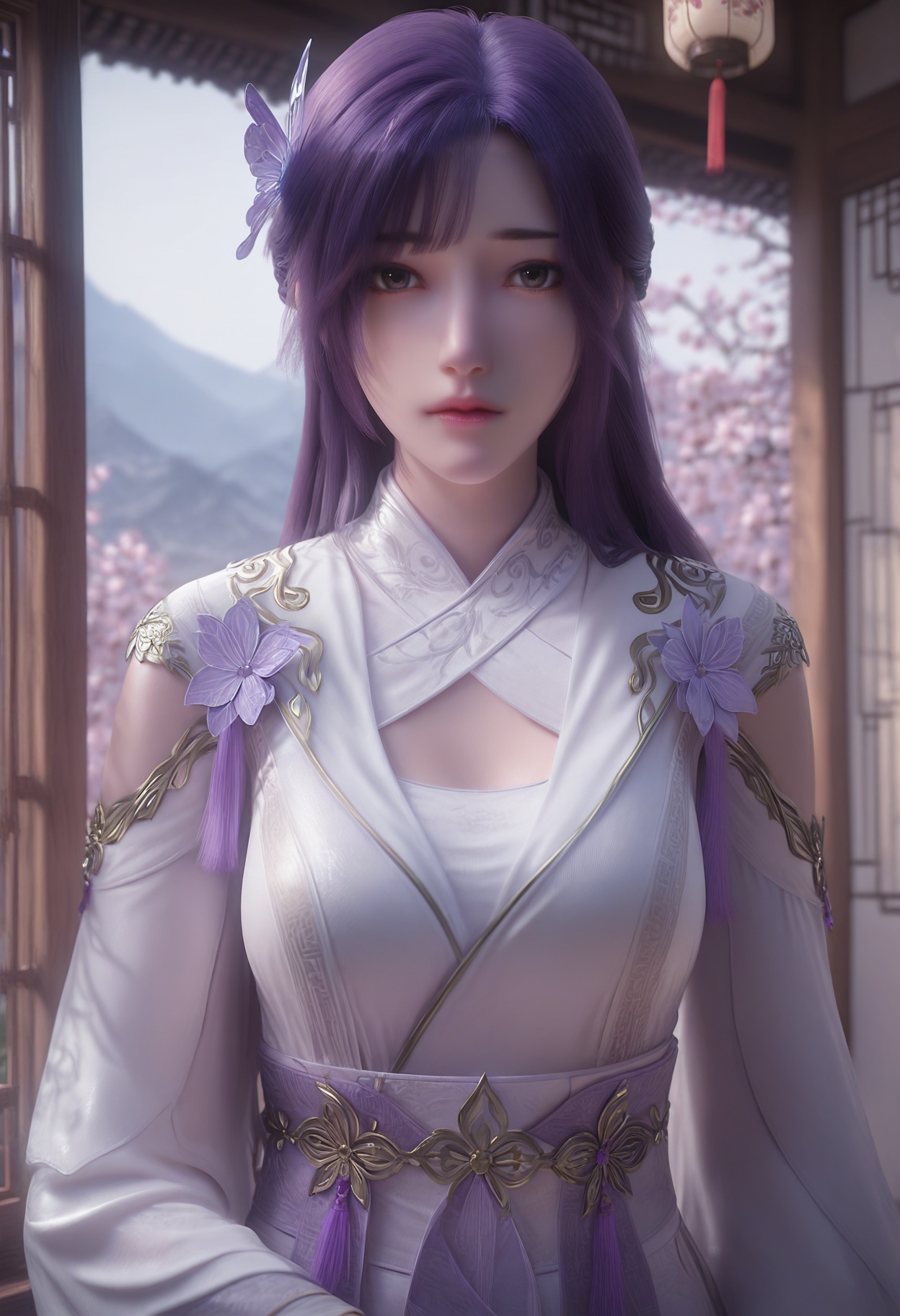 Yun_**_new,1girl,hair ornament,purple hair,long hair,solo,blurry background,looking at viewer,black eyes,bangs,hair flower,butterfly hair ornament,braid,realistic,<lora:Yun_**_*****_10_illu-000006:0.75>,white dress,purple dress,sash,chinese clothes,long sleeves,clothing cutout,photorealistic,hyperrealistic,<lora:realistic filter [IL]:1>,looking at viewer,standing,(upper body:1.2),close up,head shot,lantern,open window,looking at viewer,indoors,mountains,blossoms,flowers,east asian architecture,beautiful sunrise,warm ambient temperature,