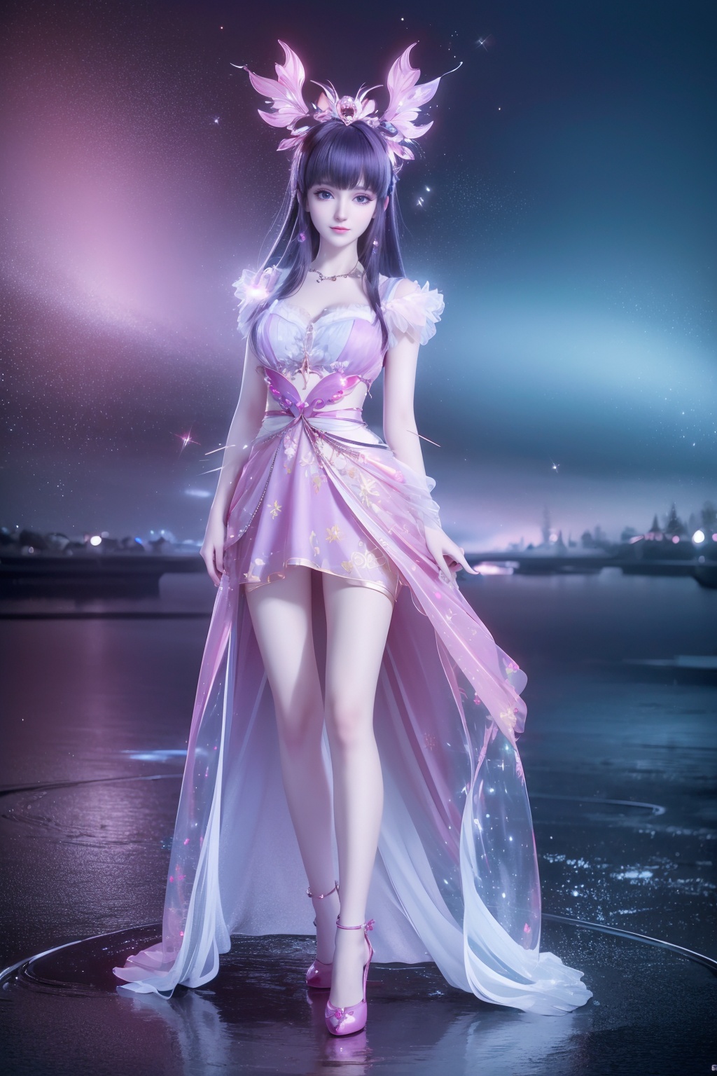 (8k, RAW photo, best quality, masterpiece:1.2),(super realistic, photo-realistic:1.3),ultra-detailed,extremely detailed cg 8k wallpaper,hatching (texture),skin gloss,light persona,(crystalstexture skin:1.2),(extremely delicate and beautiful),ultra-high resolution,surrealism,fantastical verisimilitude,fantastical creation,thriller color scheme,surrealism,abstract,psychedelic,1girl,solo,pink dress,sparkle,shine,reflection,(full body:1.2),yll-hd,ll-hd,<lora:0605叶罗丽:0.6>,<lora:1111白皙质感:0.5>,ty-hd,<lora:0110田野:0.6>,