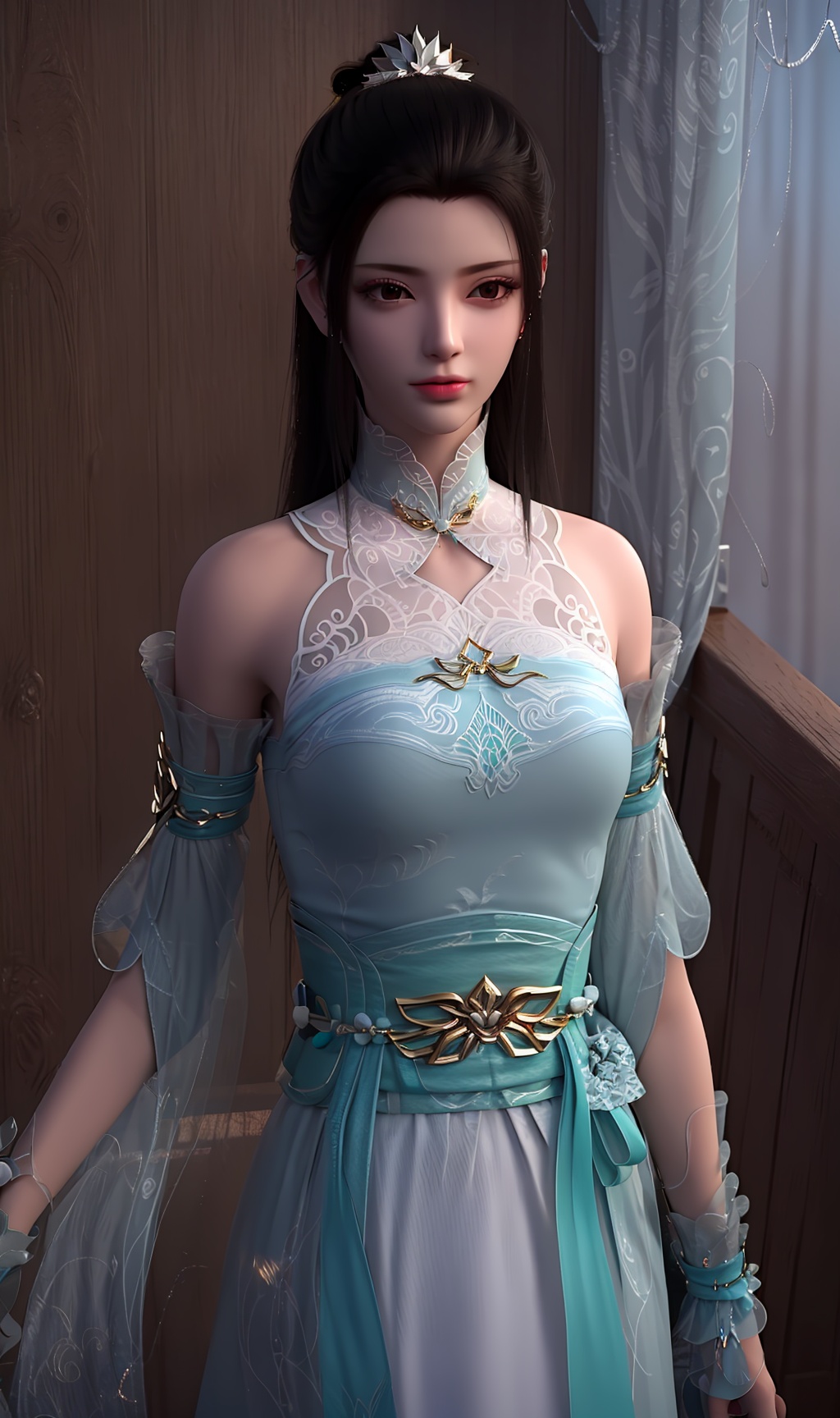 3D,masterpiece,(best quality),(makeup),official art, extremely detailed cg 8k wallpaper,((crystalstexture skin)), (extremely delicate and beautiful),(highly detailed),(face),(collar),(hair_bun),(1girl), (solo), (jewelry), (earrings),(black_hair),(long_hair),(hair_ornament),(handwear),(breasts),(standing),(bare_shoulders),(detached_sleeves),((upper_body,)),(dress),(shiny_clothes),(city,indoor),(chinese_clothes),(multicolored_clothes),(multicolored_dress),(sash),,((looking_at_viewer)),((Facing the camera)),, <lora:hipoly3DModelLora_v10:0.3>