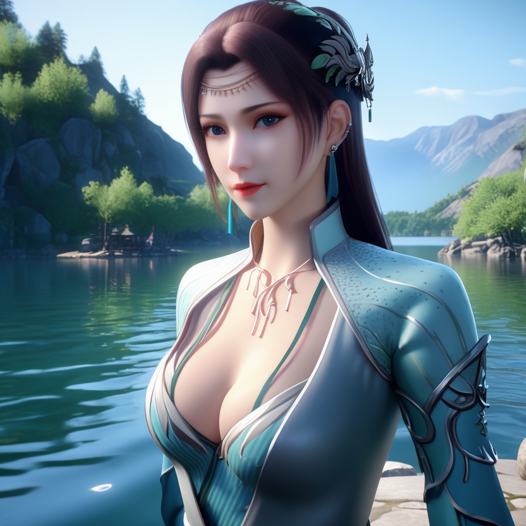 <lora:786-DA-XL-斗破苍穹-云韵-绿服:0.8>, (,1girl, ,best quality, ),looking at viewer,  ,ultra detailed 8k cg,   ,masterpiece, (( , )) , lake,upper body,   (cleavage),,  (),