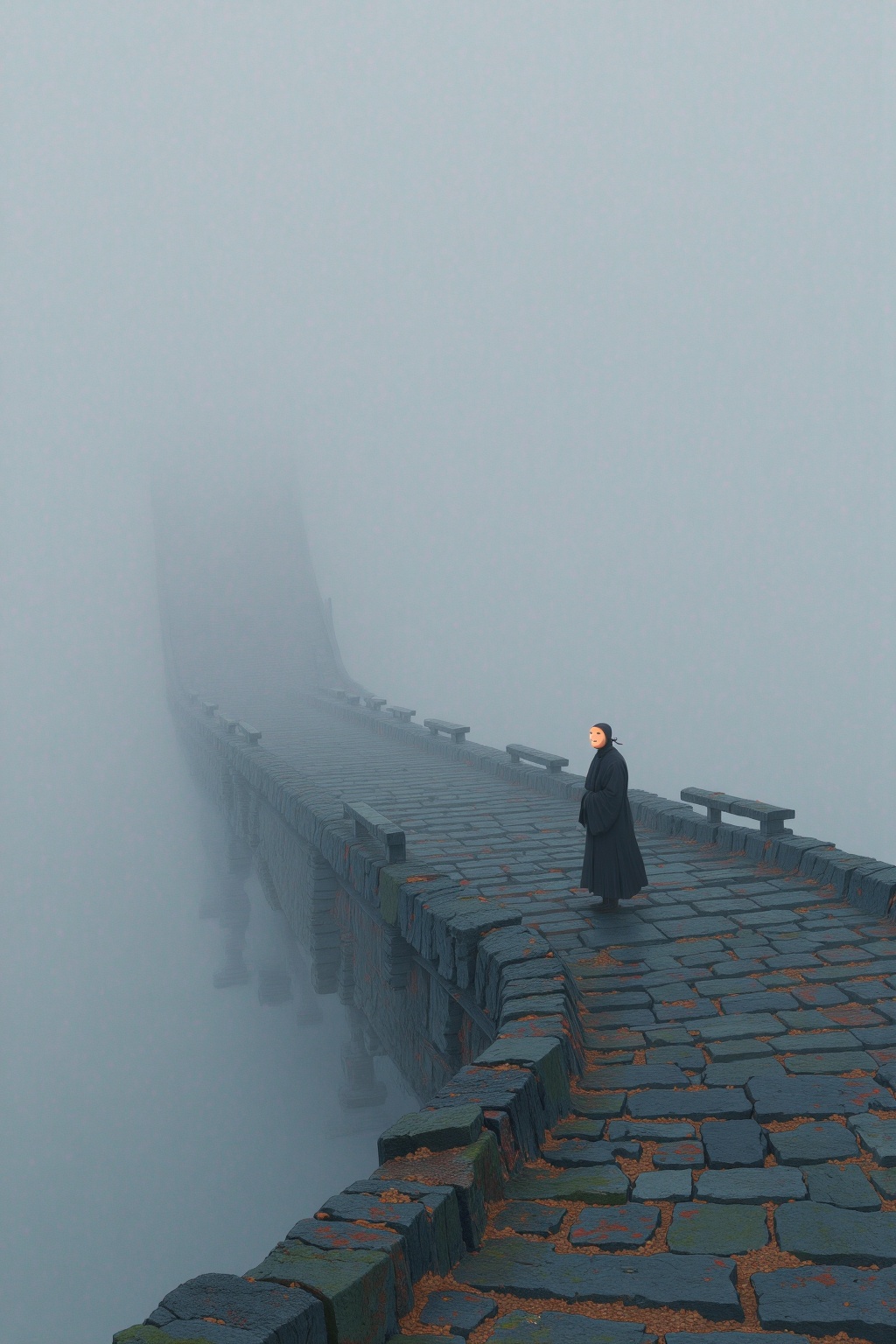 beijihui,a masked monk standing on a deserted bridge during heavy mist, mysterious silhouette, flowing lines, silent zen story 