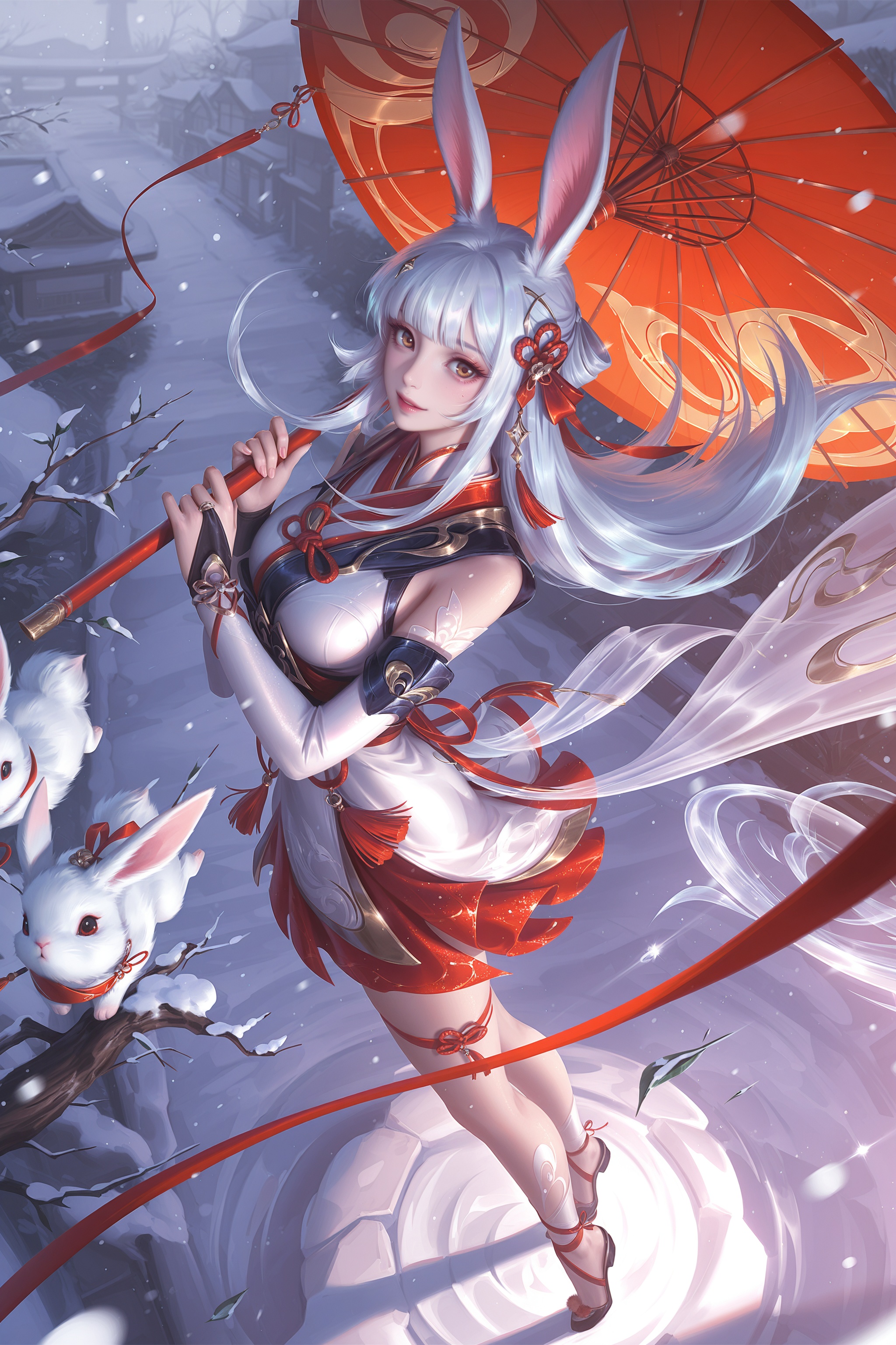MLiang,best quality,BREAKMLiang,1girl,solo,long hair,looking at viewer,smile,bangs,hair ornament,dress,ribbon,holding,animal ears,brown eyes,hair ribbon,white hair,sidelocks,parted lips,blunt bangs,white dress,rabbit ears,red ribbon,lips,umbrella,bridal gauntlets,snowing,holding umbrella,oil-paper umbrella,BREAKbest-quality,masterpiece,[with a high-end texture],(extremely detailed CG unity 8k wallpaper,masterpiece),Dramatic Lighting,Ray Tracing,(8k resolution),best quality,absurdres,detailed shading,perspective,reoen,depth of field,absurdres,masterpiece,with a high-end texture,full body,mvery awe,aesthetically pleasing,masterpiece,best quality,amazing quality,very aesthetic,ultra-detailed,high resolution,8k,BREAK<lora:lolart-ill11-v5.1:0.35>,<lora:zhongguoduliu-v3-illustrious:0.4>,<lora:MLiang_园子-000017:0.92>,<lora:illustrious_best_quality_v1:0.53>,<lora:DetailedEyes_V3:1>,