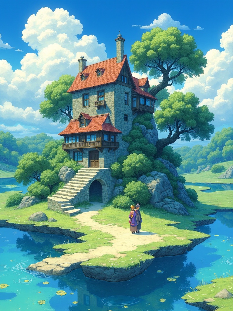 miluo_tych,graffiti,illustration,A vibrant, detailed digital painting of a fantasy scene featuring a man and a woman standing on a small island in the middle of a river, surrounded by lush greenery and a large, old, stone house with a red tiled roof nestled among the trees. The house has multiple windows and balconies, and a winding staircase leading up to the entrance. The sky is a bright blue with fluffy white clouds, and the river is calm and peaceful. The scene is serene and picturesque, with a sense of adventure and wonder. The style is reminiscent of Japanese anime and manga art.<lora:涂鸦插画L1.3:1>