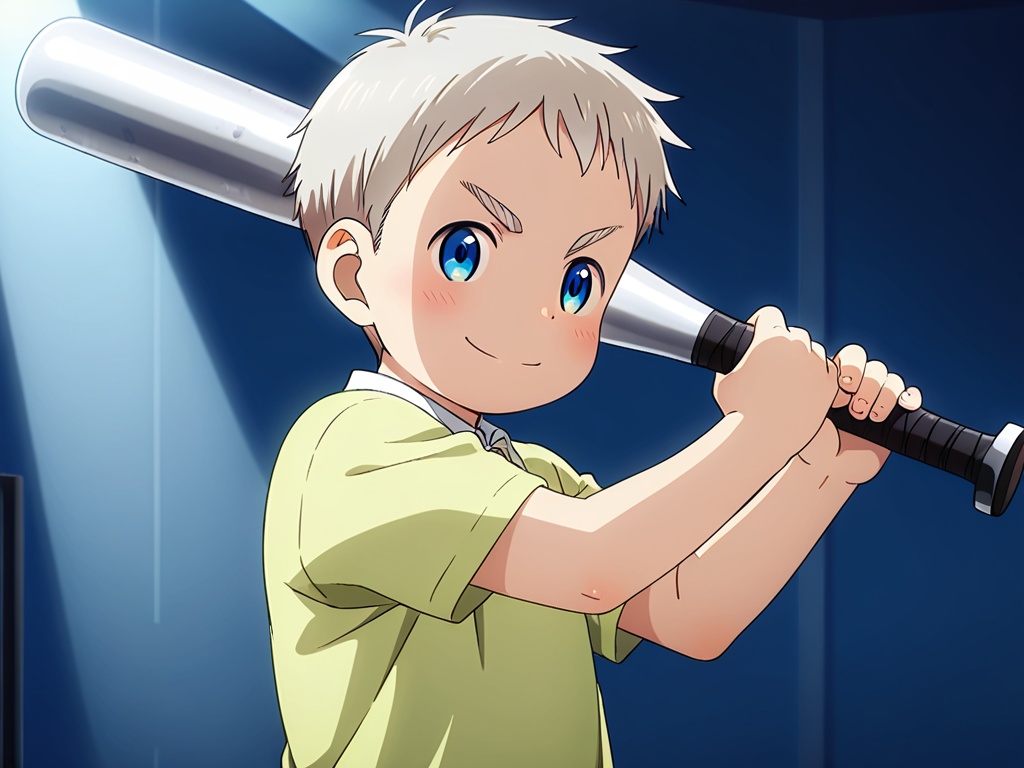<lora:Gawain_XL:1>,male focus,shirt,1boy,toddler,male child,petite,very short hair,silver hair,smile,blue eyes,(blush:0.8),long eyebrows,perfect hands,(5fingers:1.3),correct anatomy,holding baseball bat,huge filesize,available light,background light,Volumetric Lighting,front view,(full_shot:1.2),