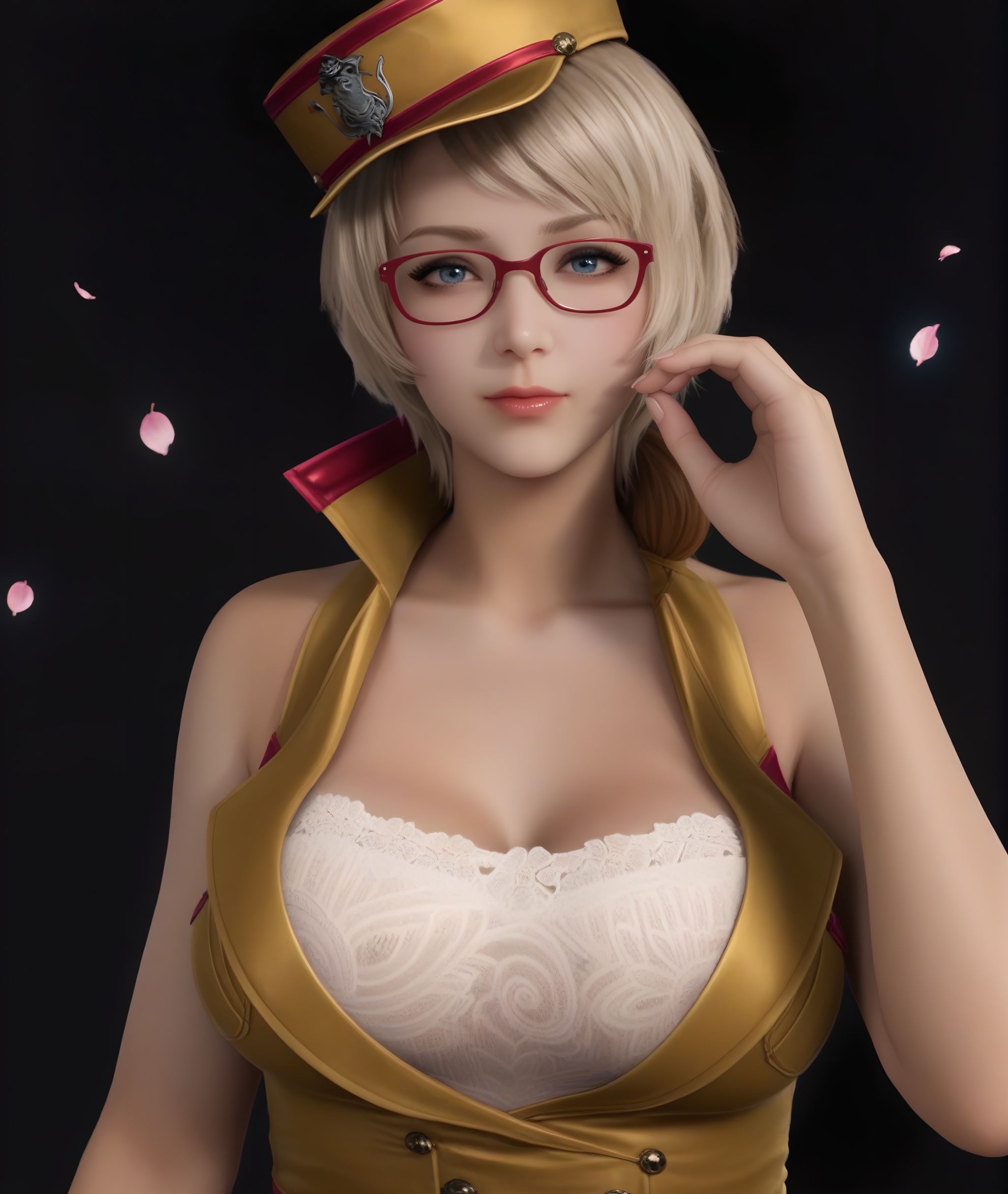 (score_9),plump,curvy,mature female,<lora:潜-灵狐-pony:0.85>,1girl,solo,blonde hair,short hair,blue eyes,halter dress,white bra,lace bra,high collar,bare shoulders,military hat,collarbone,(adjusting_eyewear:1.1),red-framed eyewear, looking at viewer,BREAK<lora:e肤色滑块:0.8>,(white_skin),(sweaty skin),(Ivory_skin),light_skin,very sweaty,(shiny_skin),(fair_skin),twig,branch,falling petals,simple background,black background,rim light,Volumetric Lighting,lens flare,Tyndall effect,depth of field,bokeh,sparkle,